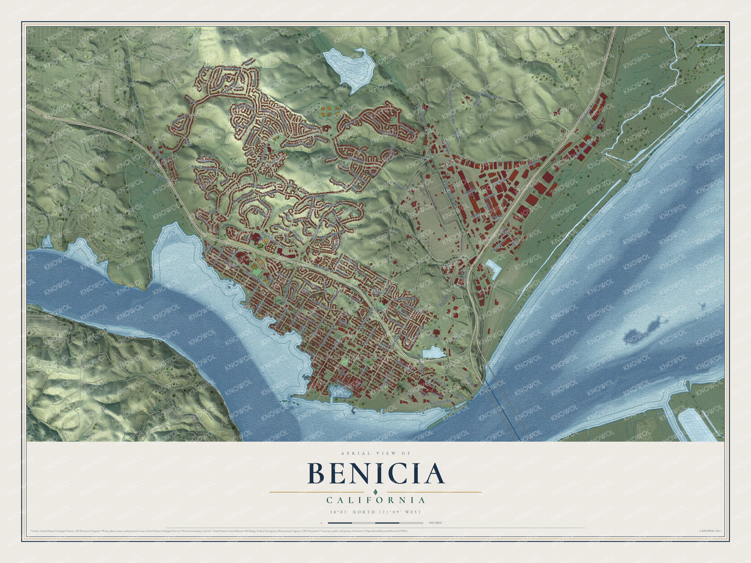 Full map of Benicia, California, with red buildings, printed street names and the land around them