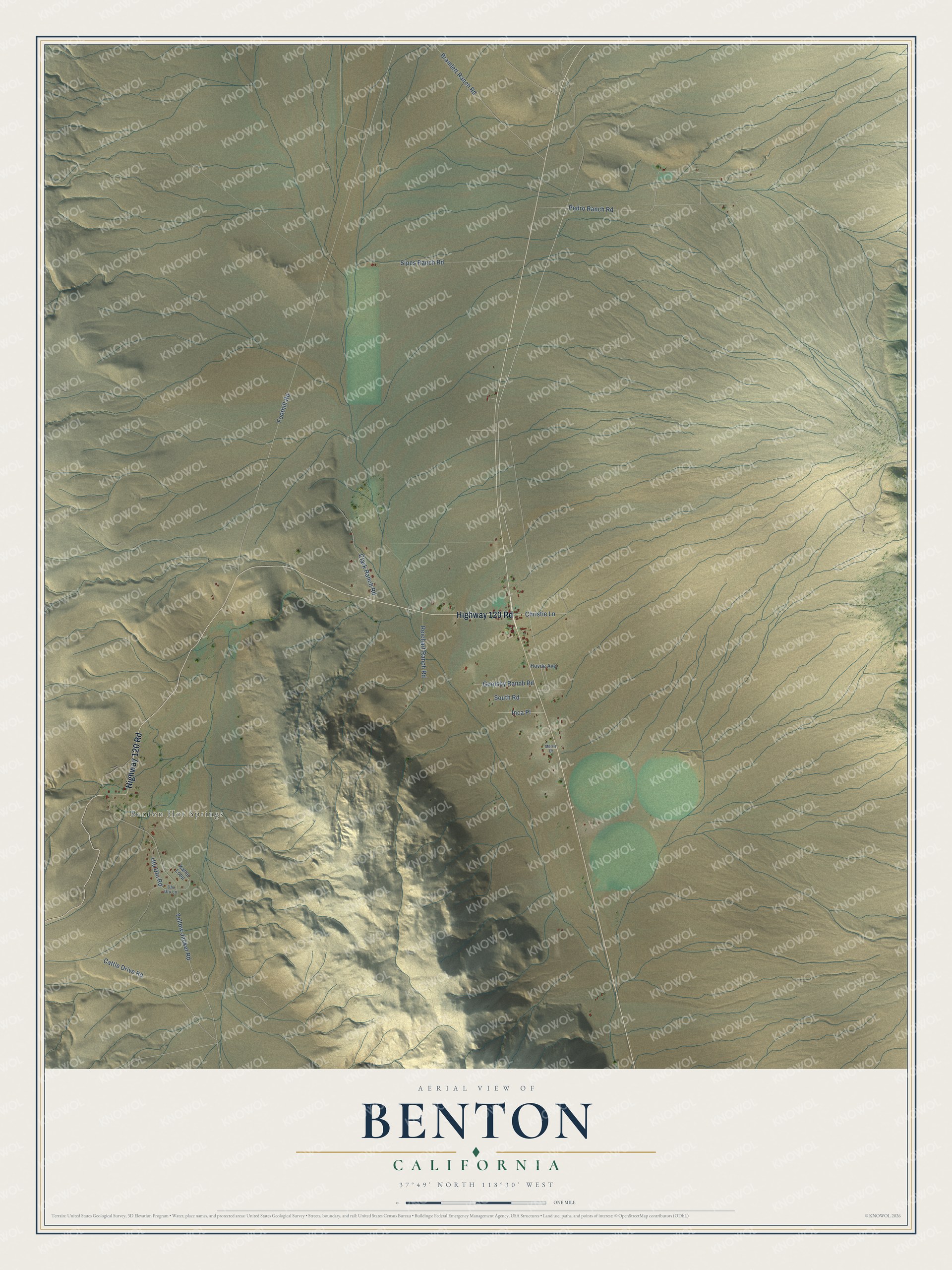 Full map of Benton, California, with red buildings, printed street names and the land around them