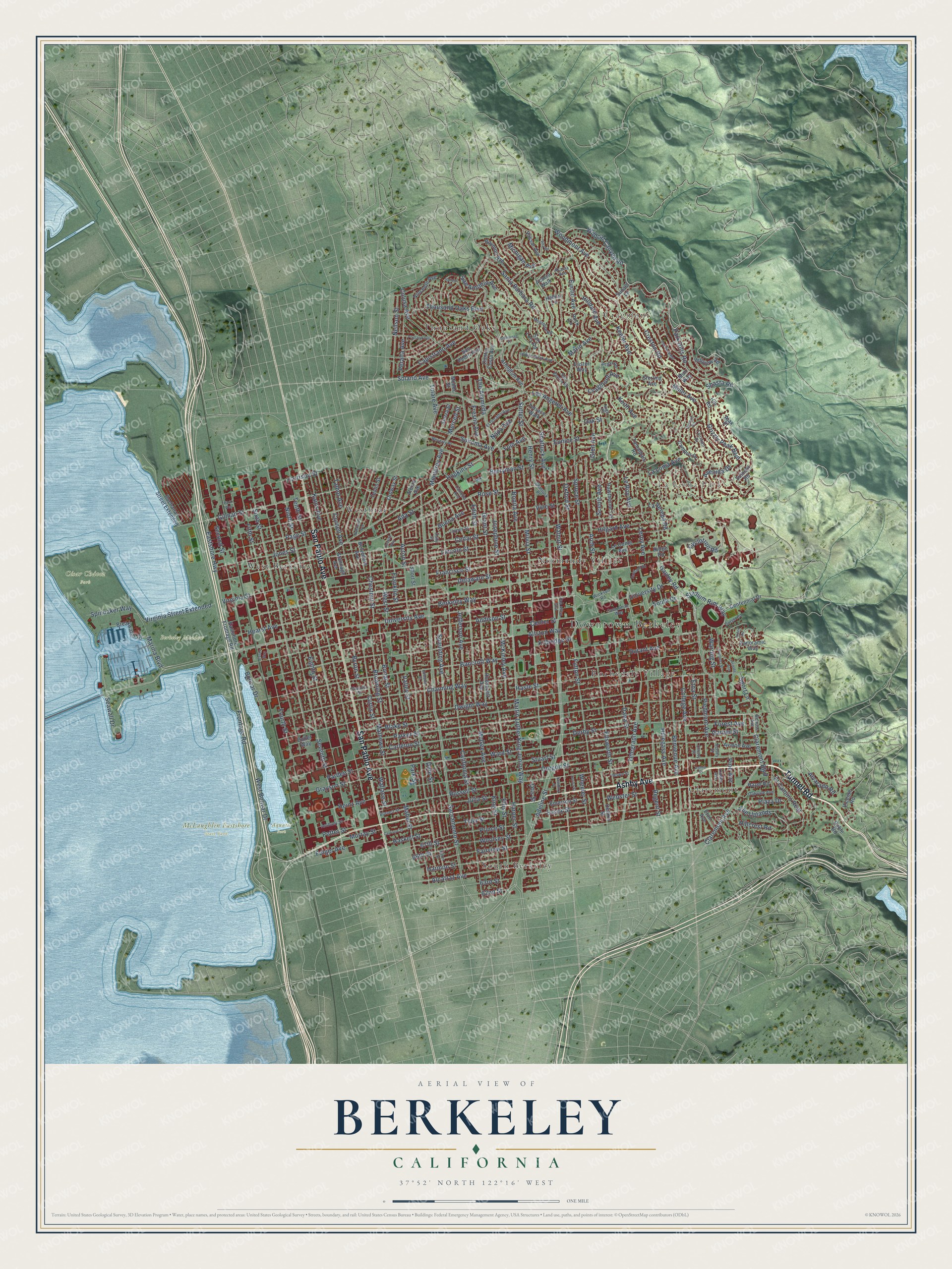 Full map of Berkeley, California, with red buildings, printed street names and the land around them