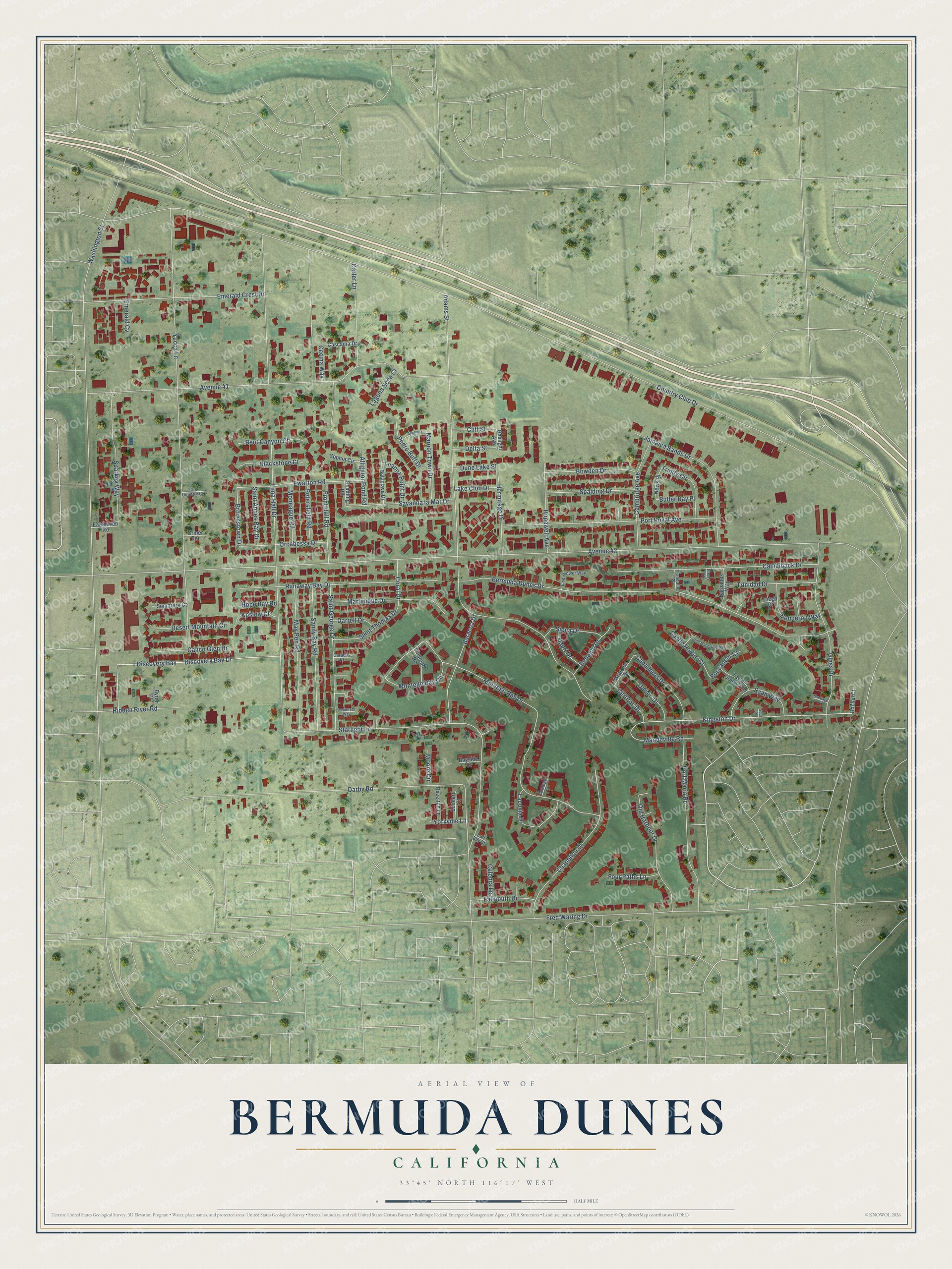 Full map of Bermuda Dunes, California, with red buildings, printed street names and the land around them