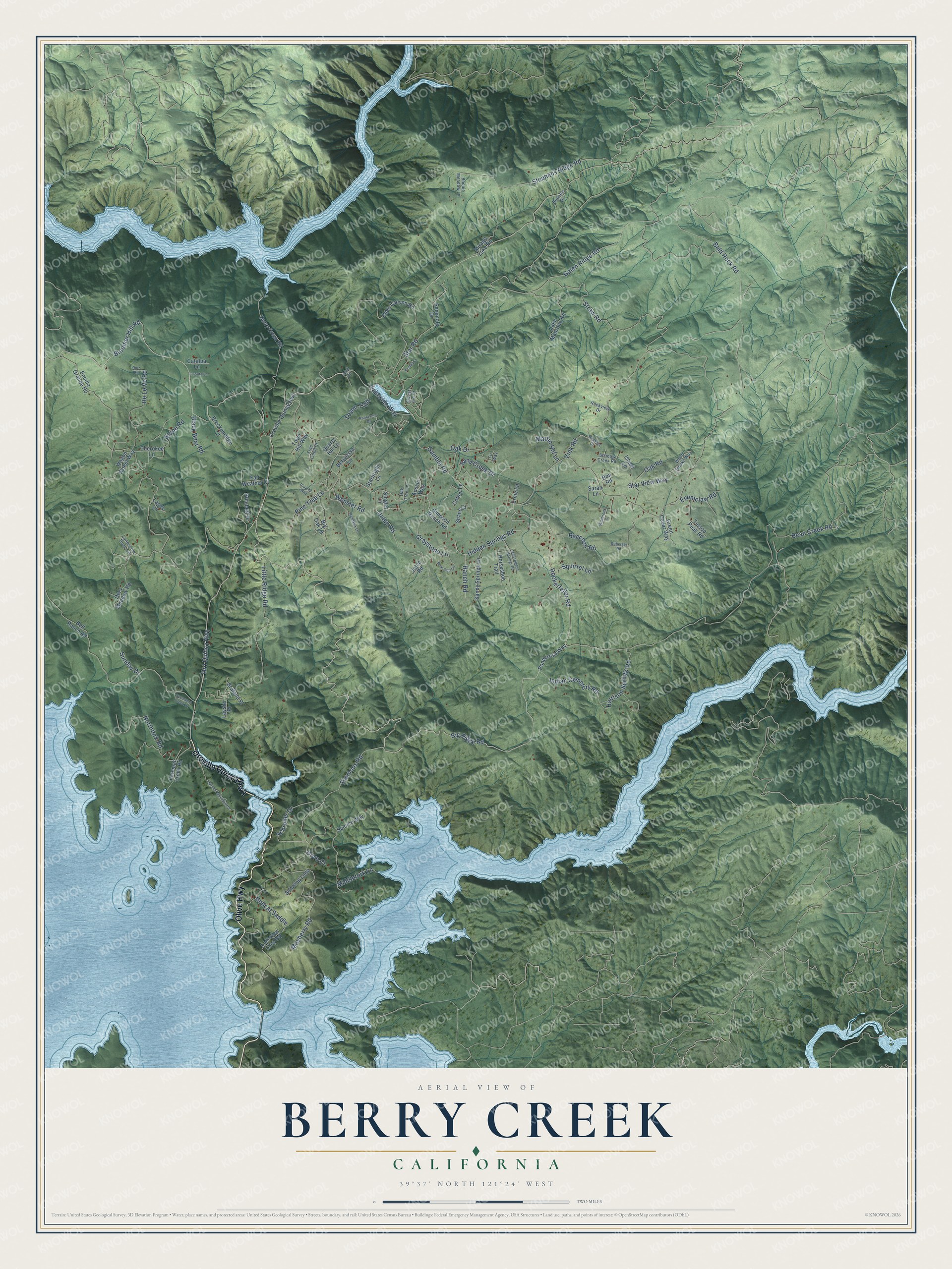 Full map of Berry Creek, California, with red buildings, printed street names and the land around them