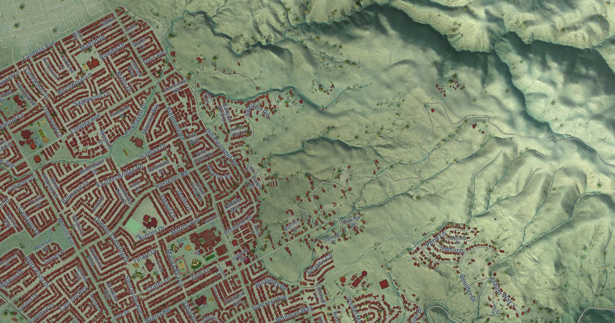 Close-up of streets and buildings in Berryessa, California
