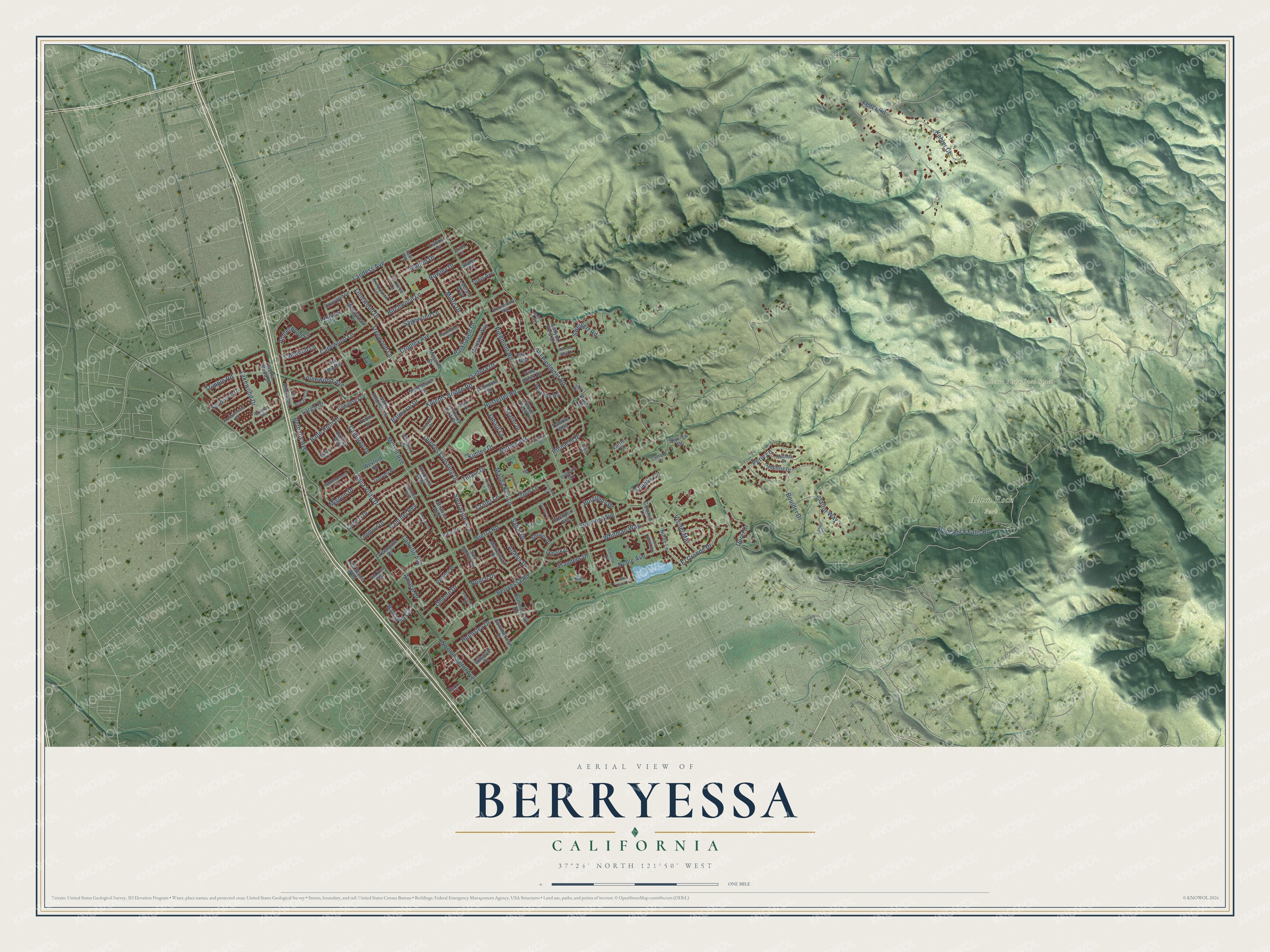 Full map of Berryessa, California, with red buildings, printed street names and the land around them