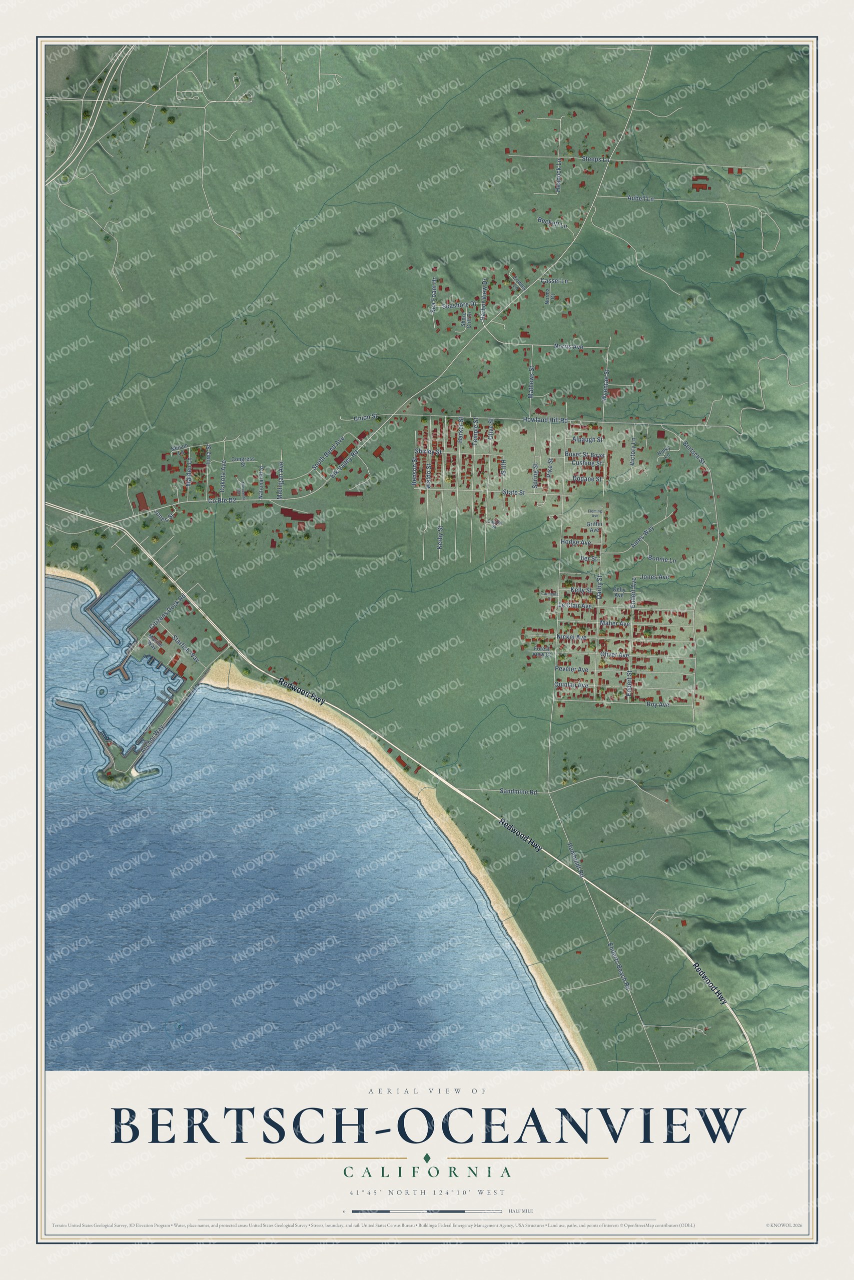 Full map of Bertsch-Oceanview, California, with red buildings, printed street names and the land around them
