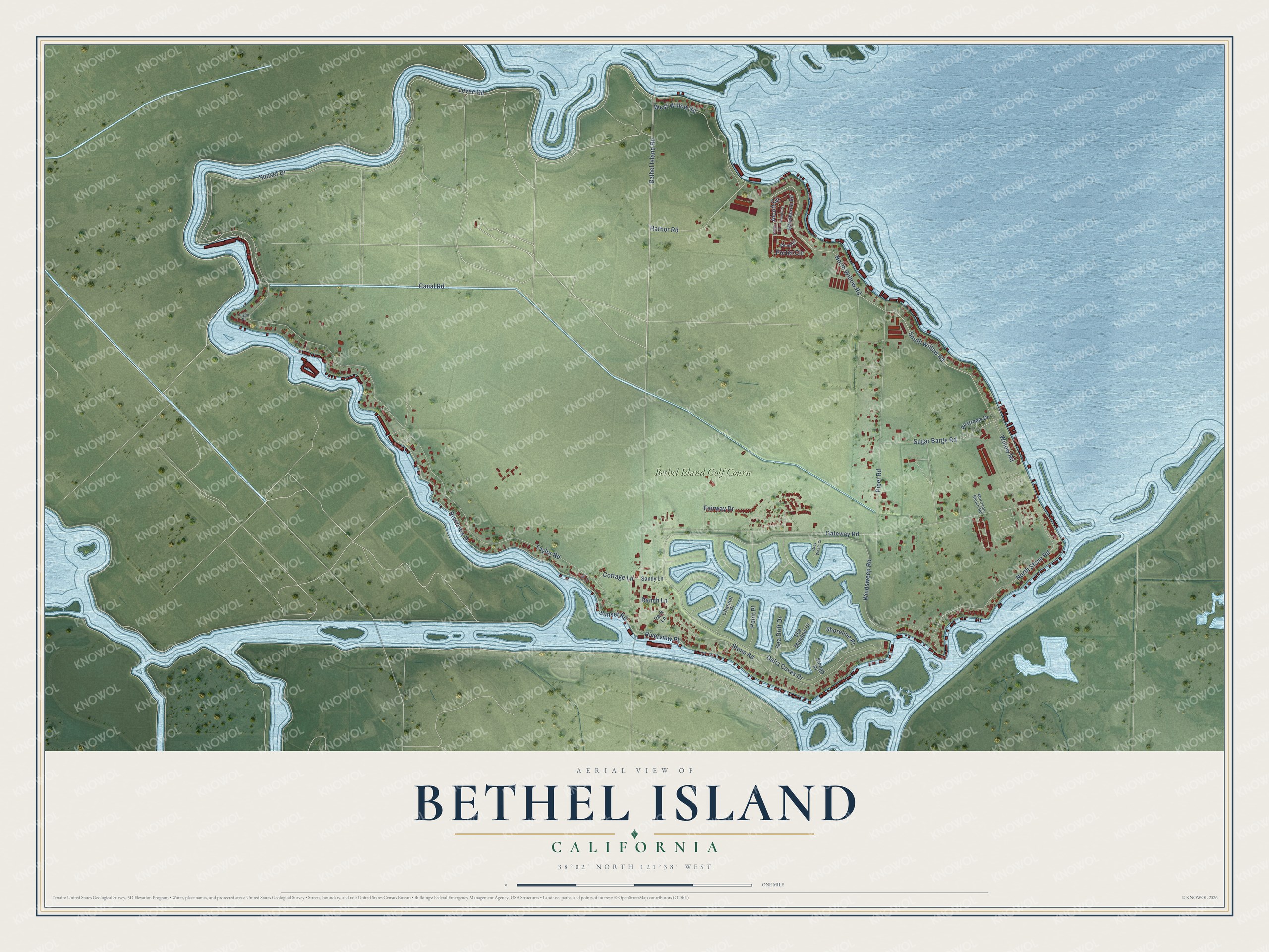 Full map of Bethel Island, California, with red buildings, printed street names and the land around them