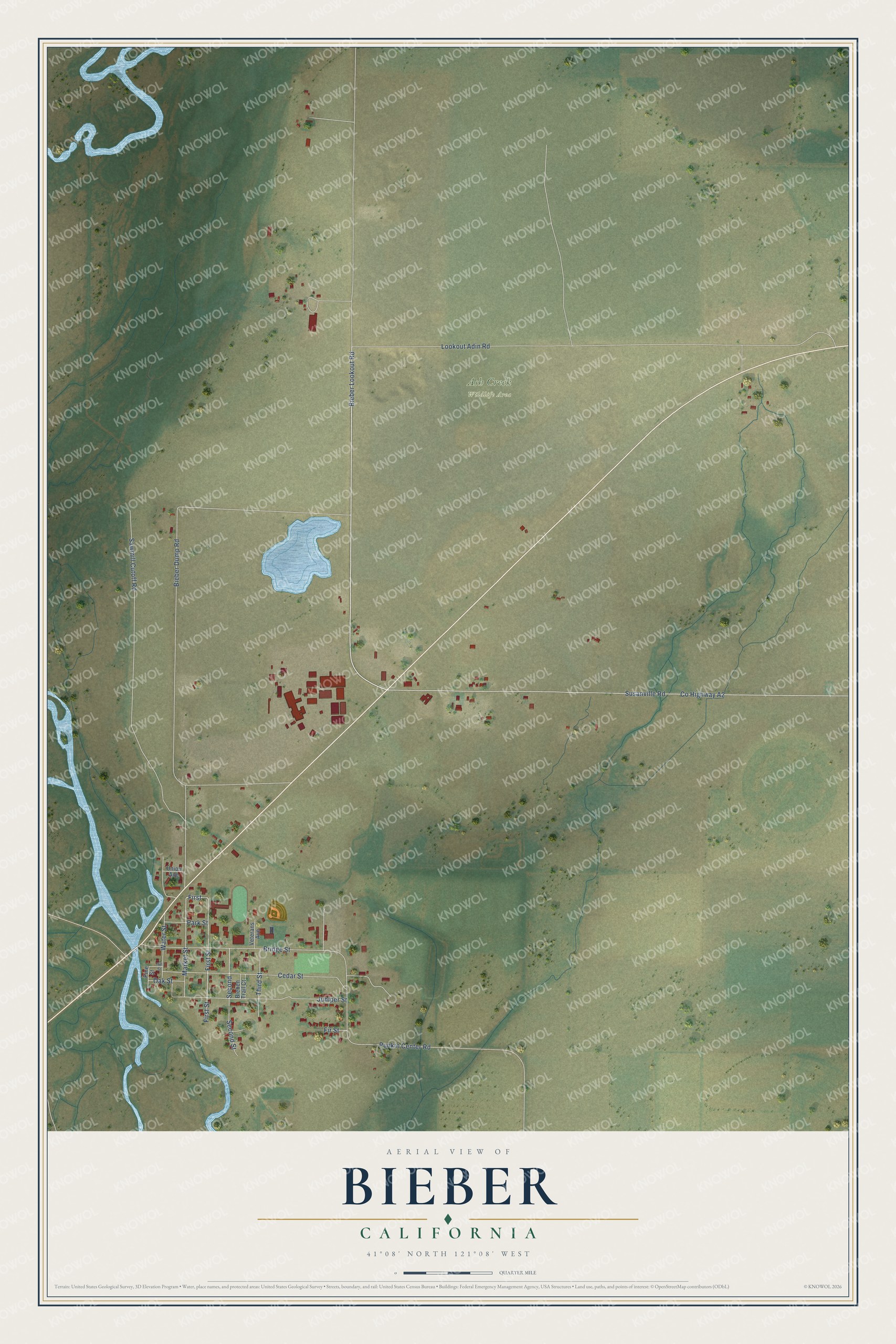 Full map of Bieber, California, with red buildings, printed street names and the land around them