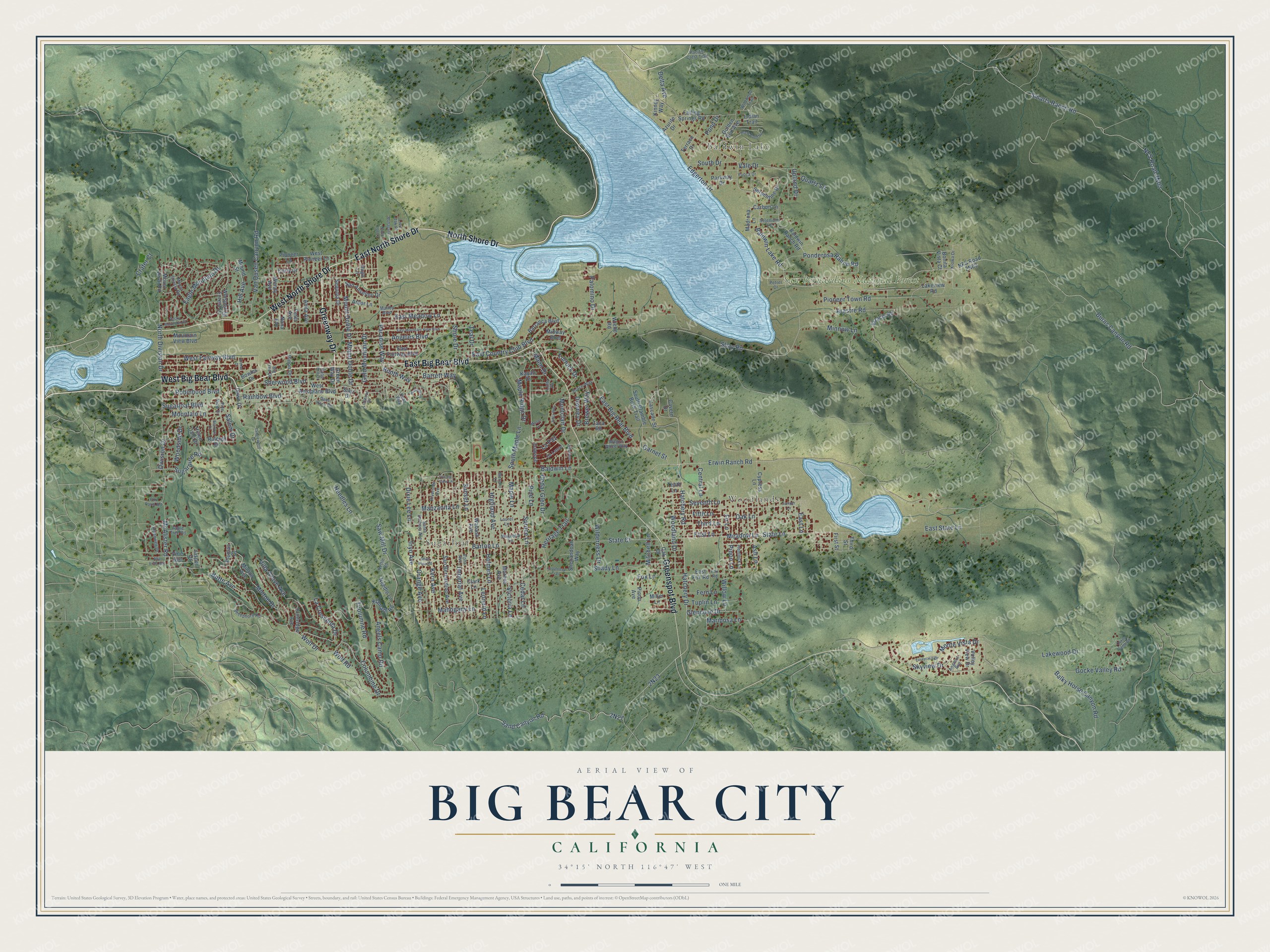 Full map of Big Bear City, California, with red buildings, printed street names and the land around them