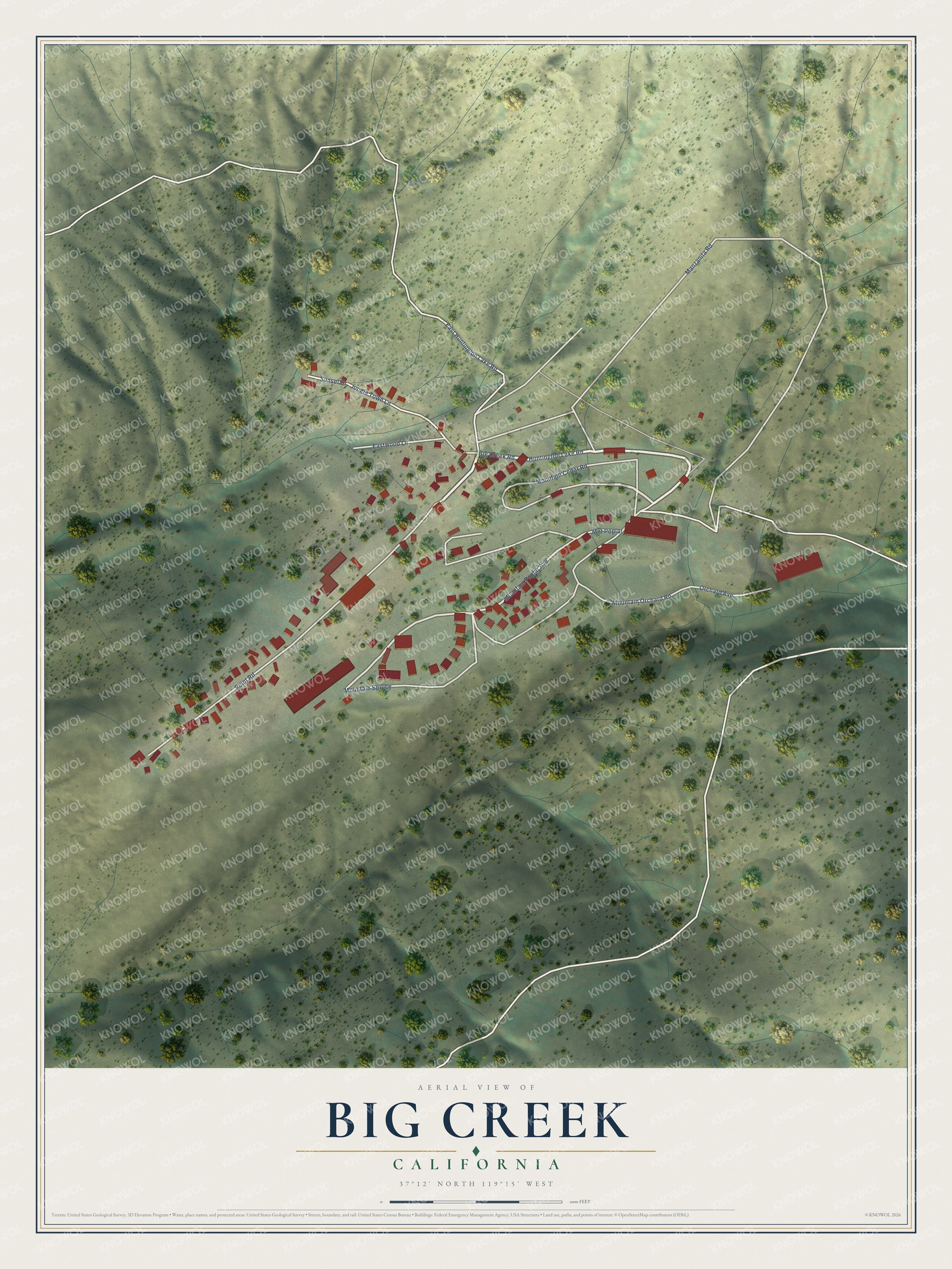 Full map of Big Creek, California, with red buildings, printed street names and the land around them