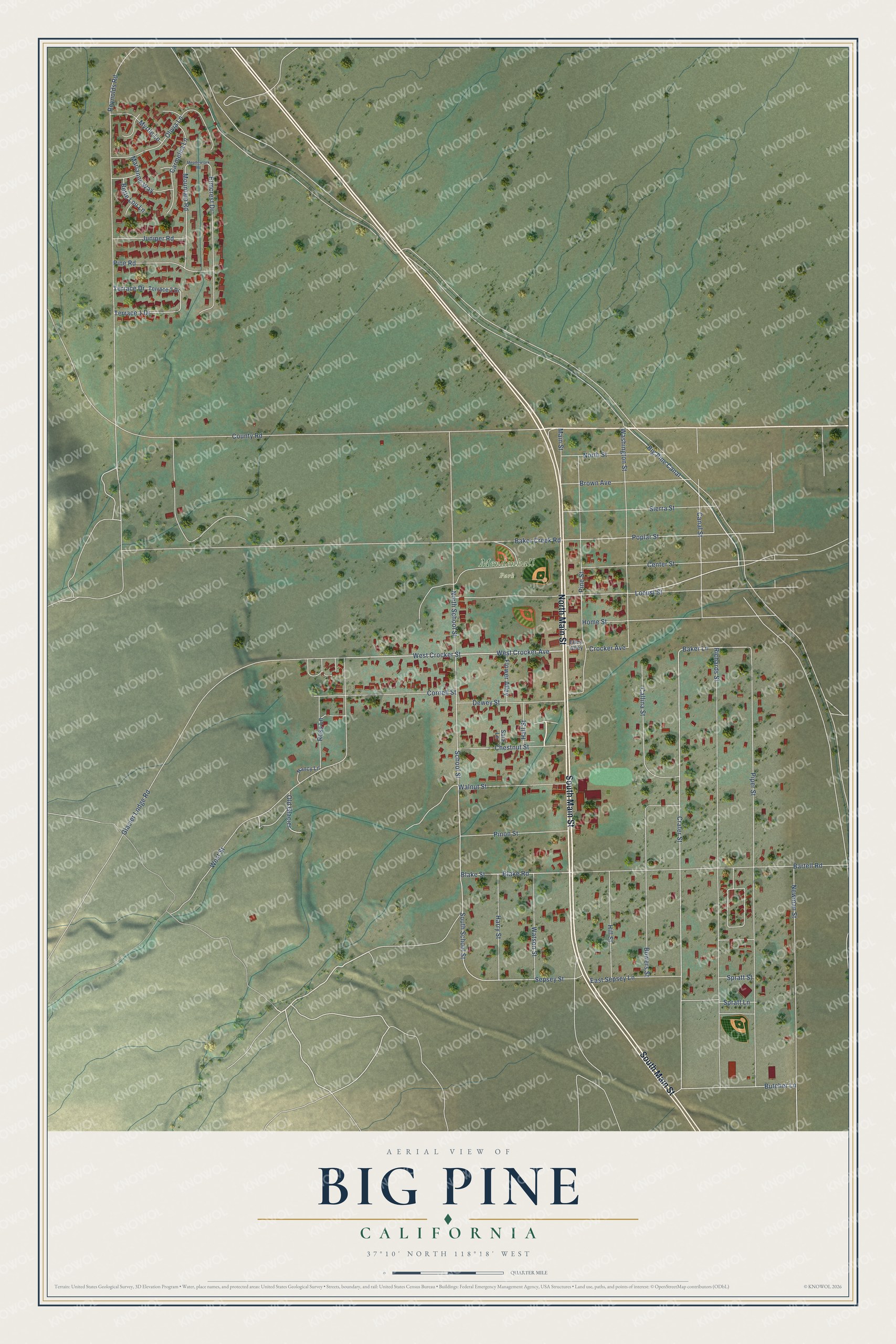 Full map of Big Pine, California, with red buildings, printed street names and the land around them