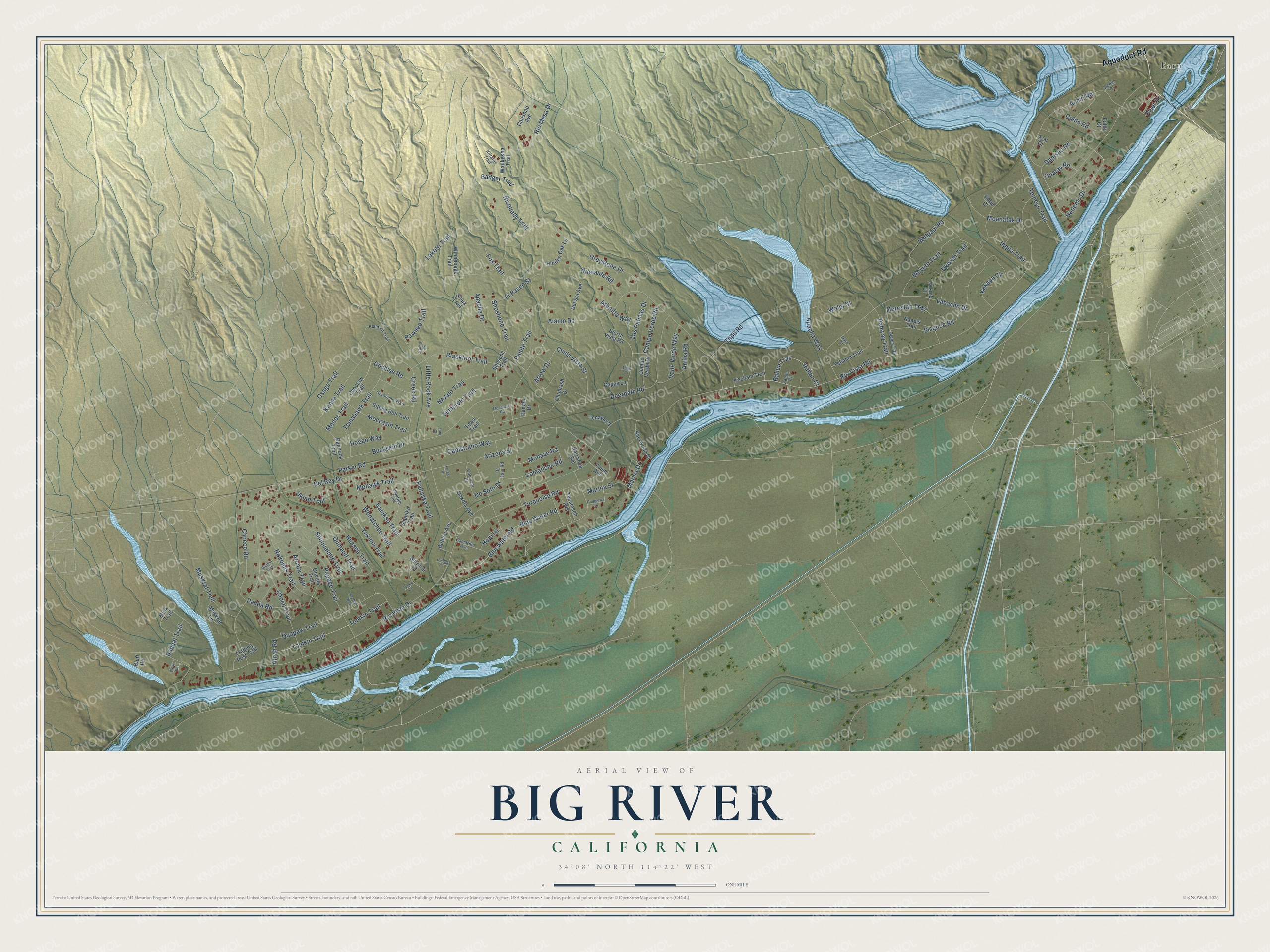Full map of Big River, California, with red buildings, printed street names and the land around them
