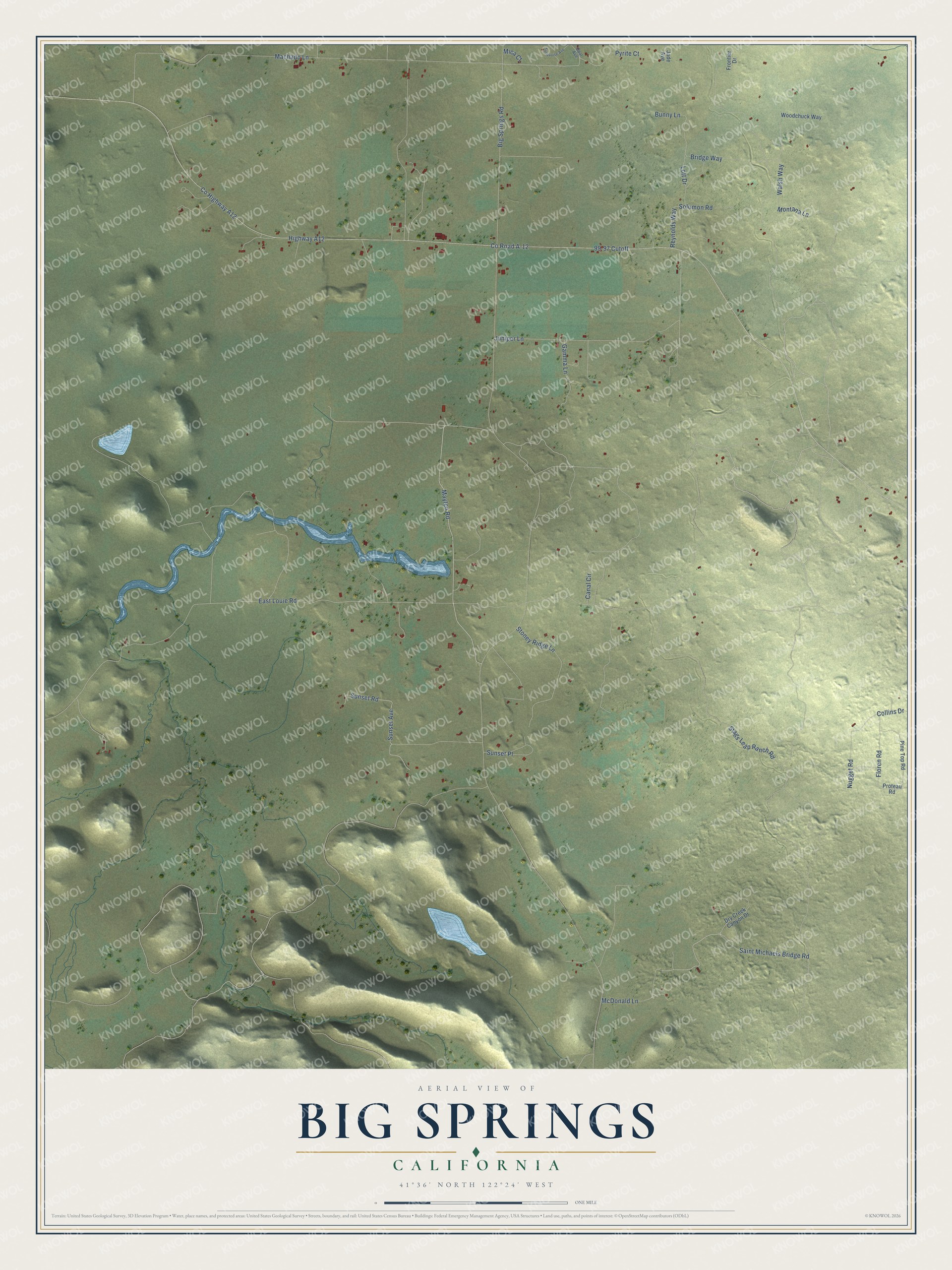 Full map of Big Springs, California, with red buildings, printed street names and the land around them