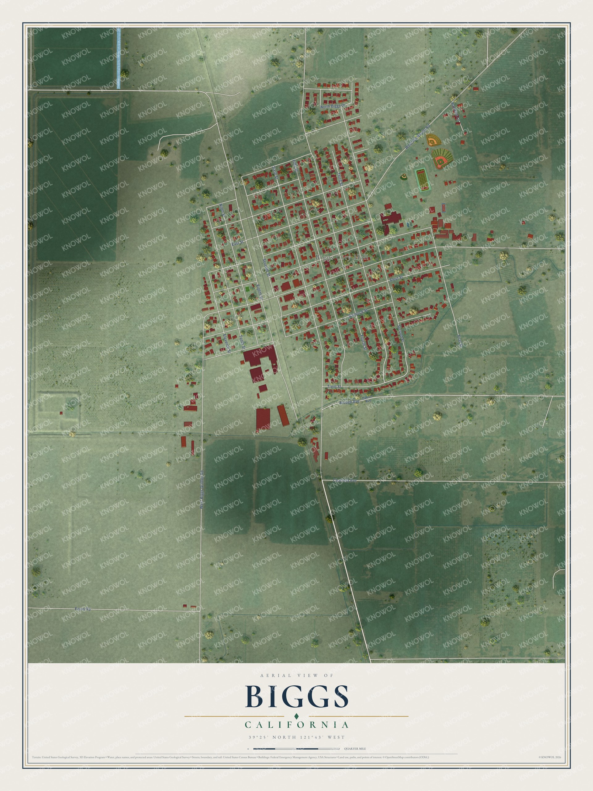 Full map of Biggs, California, with red buildings, printed street names and the land around them
