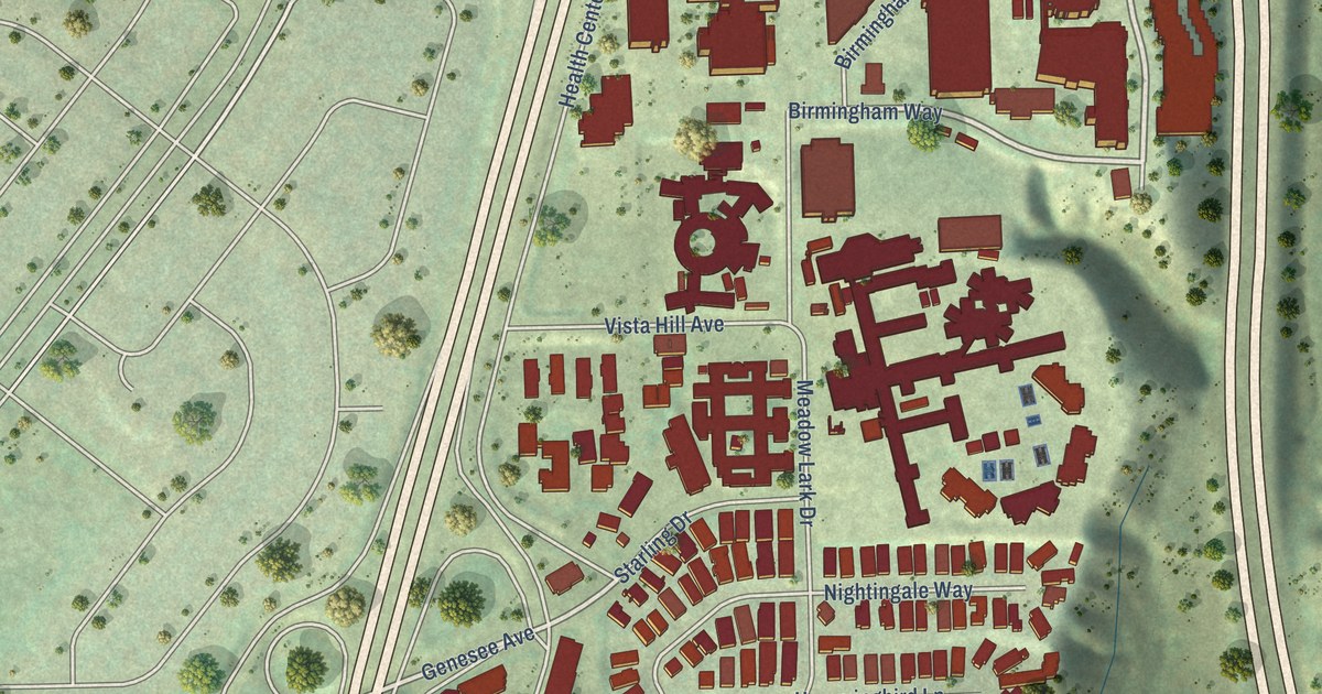 Close-up of streets and buildings in Birdland, California