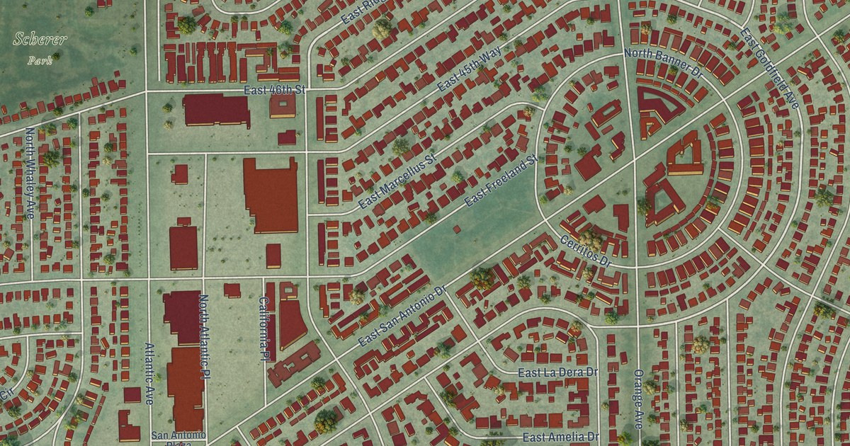 Close-up of streets and buildings in Bixby Knolls, California
