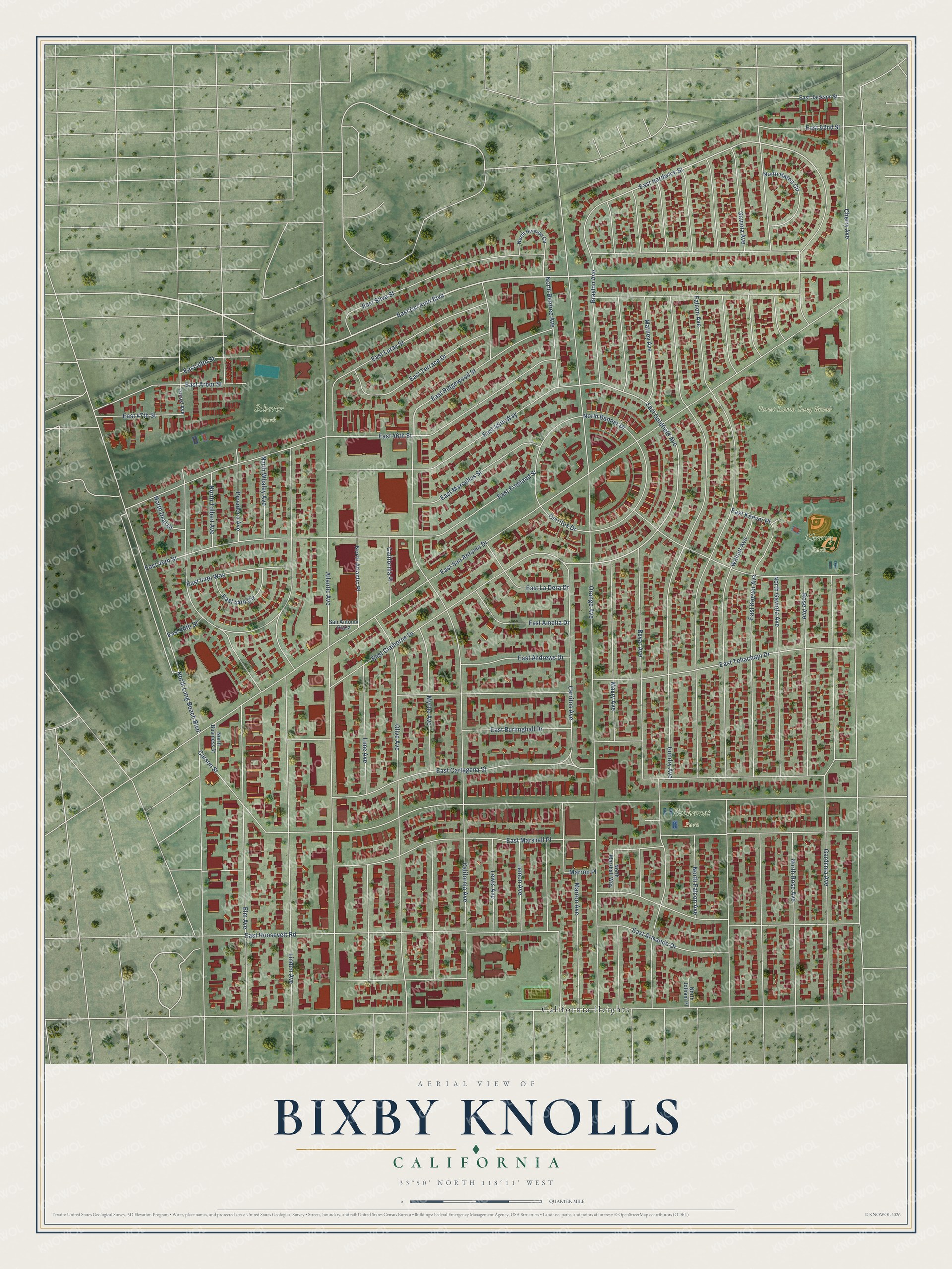 Full map of Bixby Knolls, California, with red buildings, printed street names and the land around them