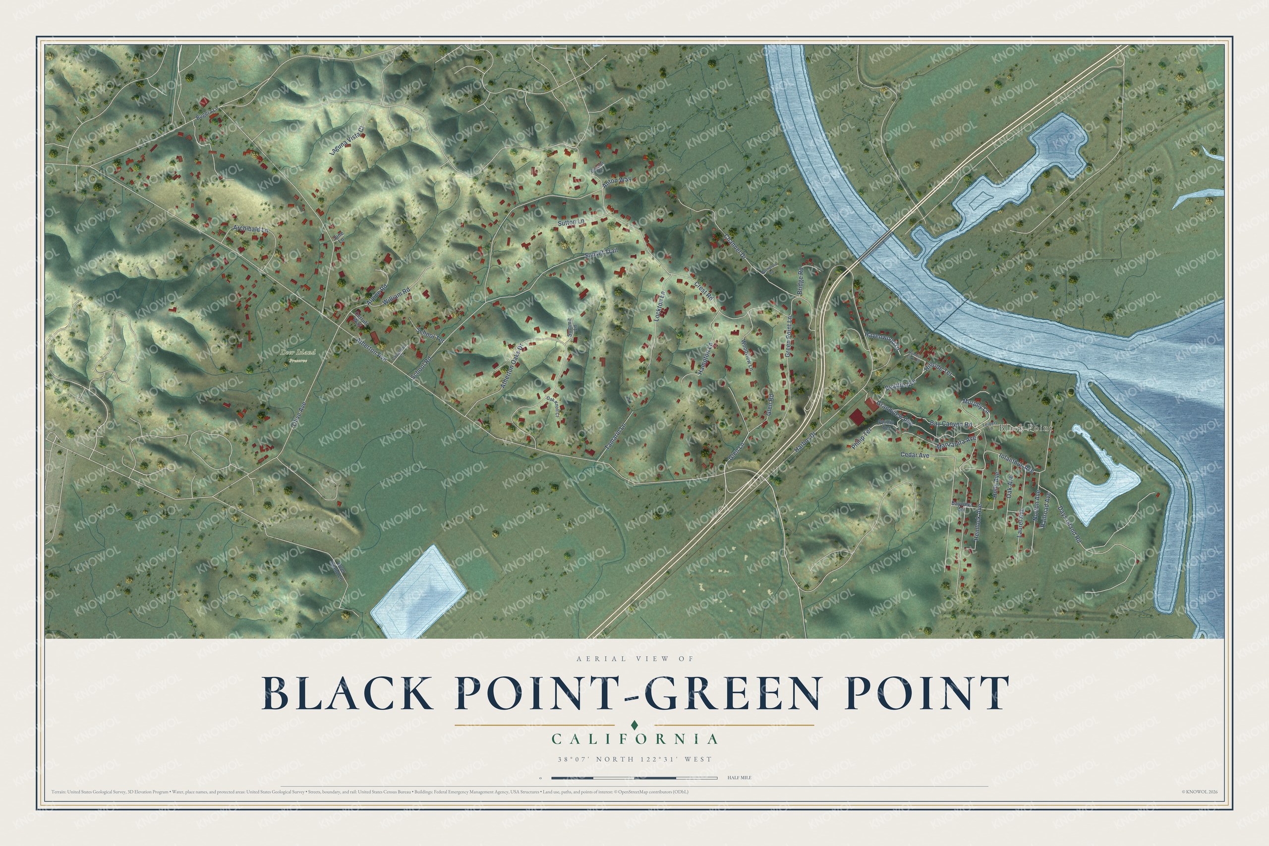 Full map of Black Point-Green Point, California, with red buildings, printed street names and the land around them