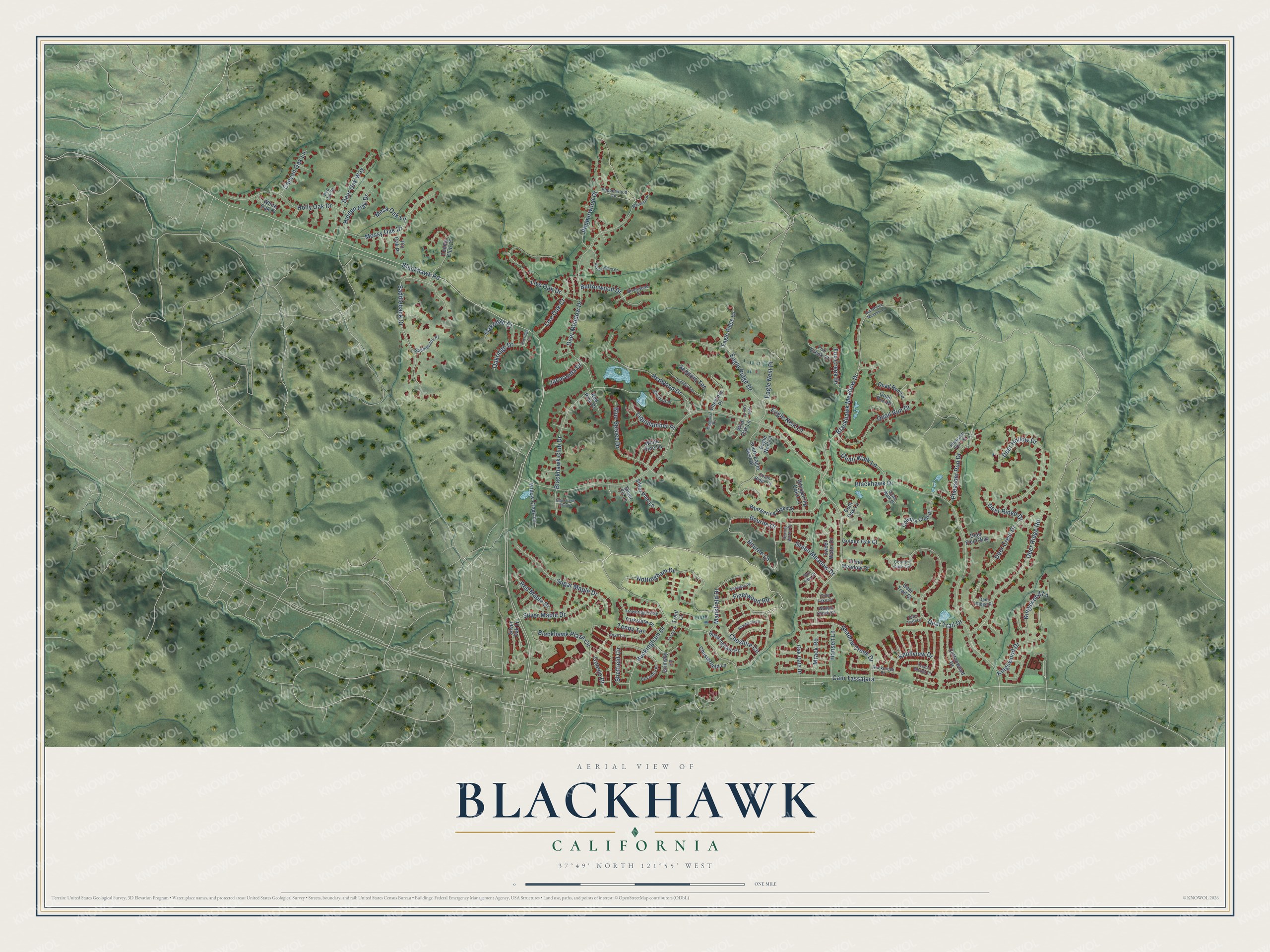 Full map of Blackhawk, California, with red buildings, printed street names and the land around them