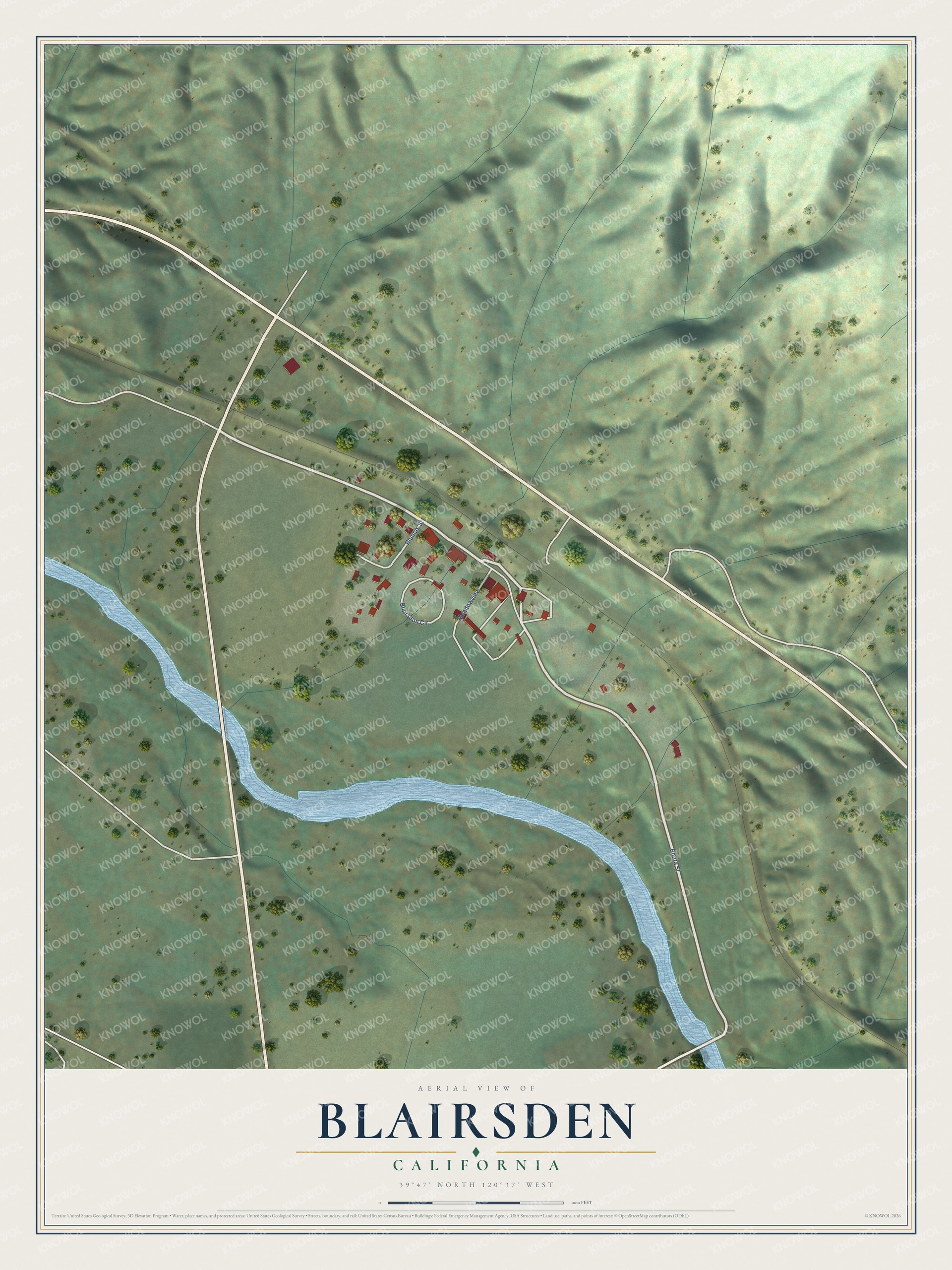 Full map of Blairsden, California, with red buildings, printed street names and the land around them