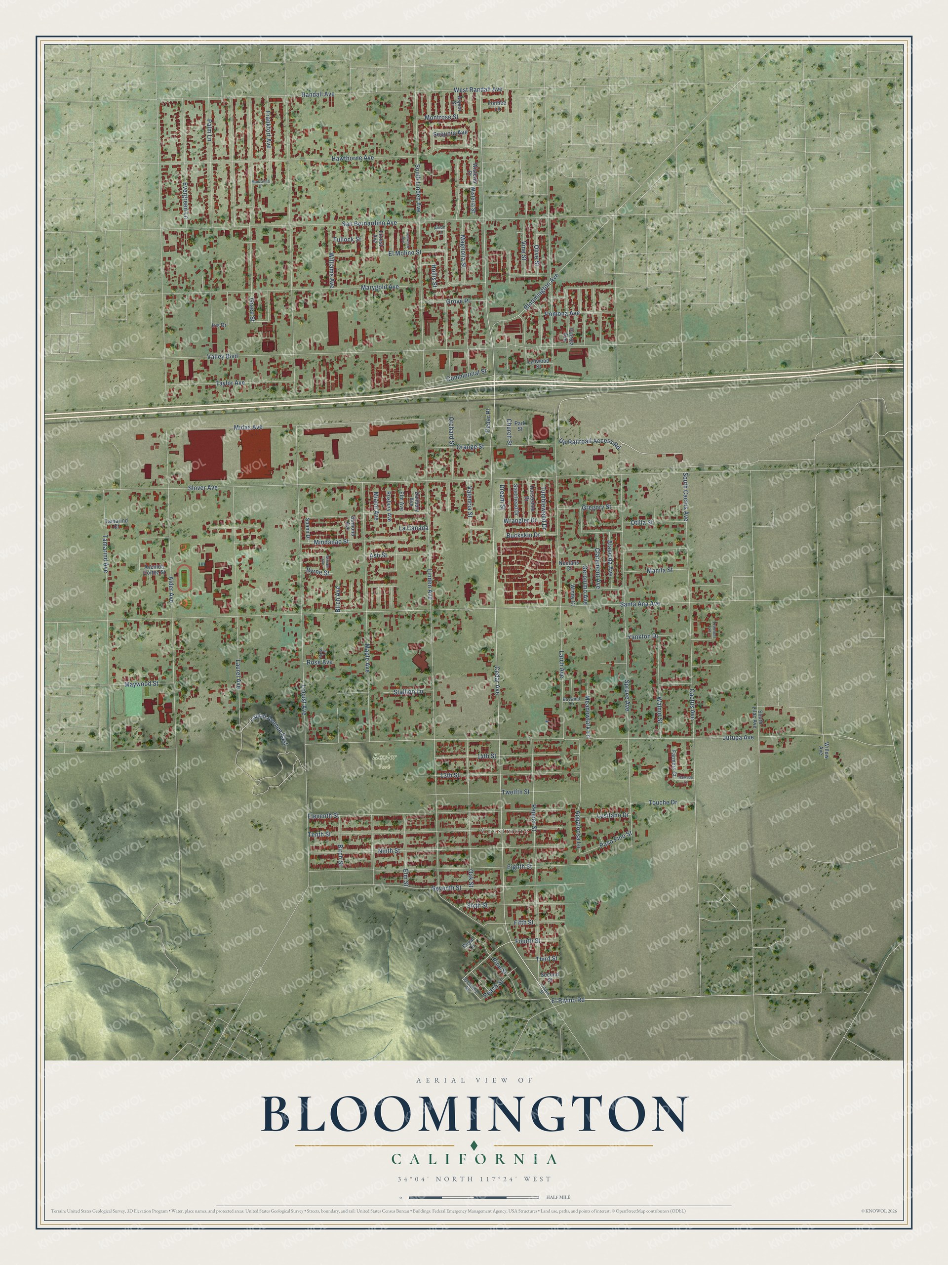 Full map of Bloomington, California, with red buildings, printed street names and the land around them