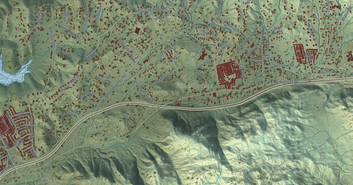 Close-up of streets and buildings in Blossom Valley, California