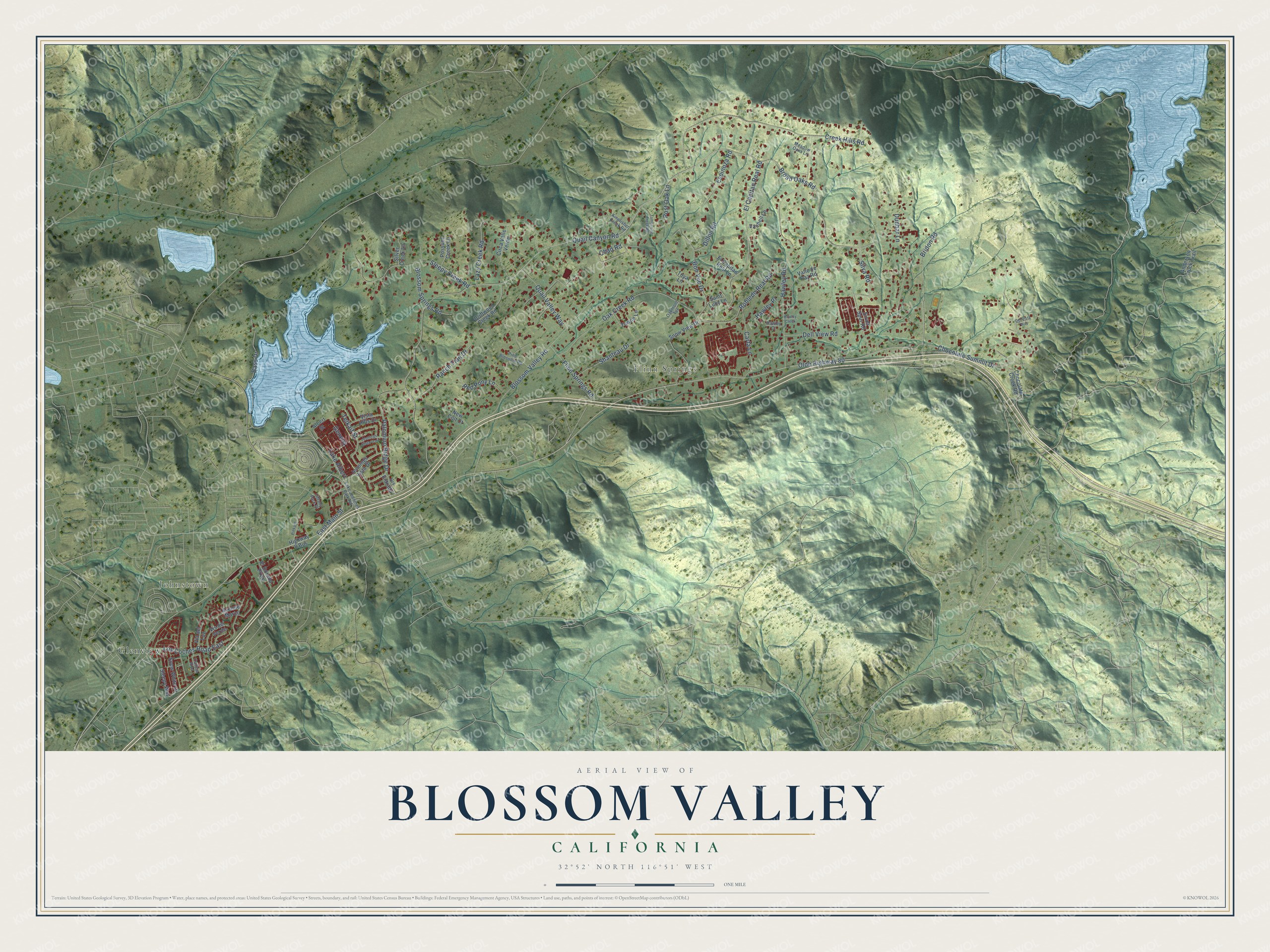 Full map of Blossom Valley, California, with red buildings, printed street names and the land around them