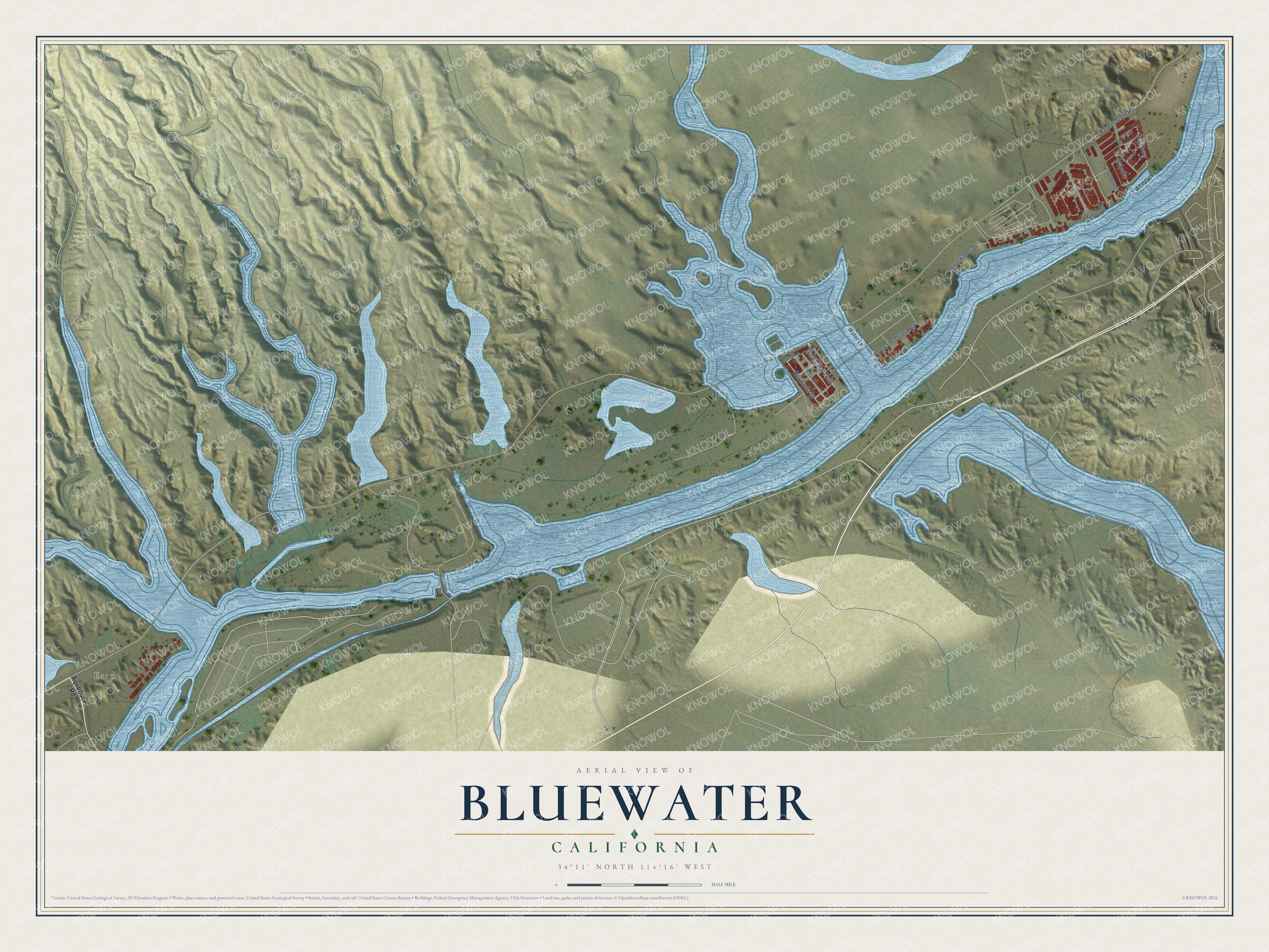 Full map of Bluewater, California, with red buildings, printed street names and the land around them