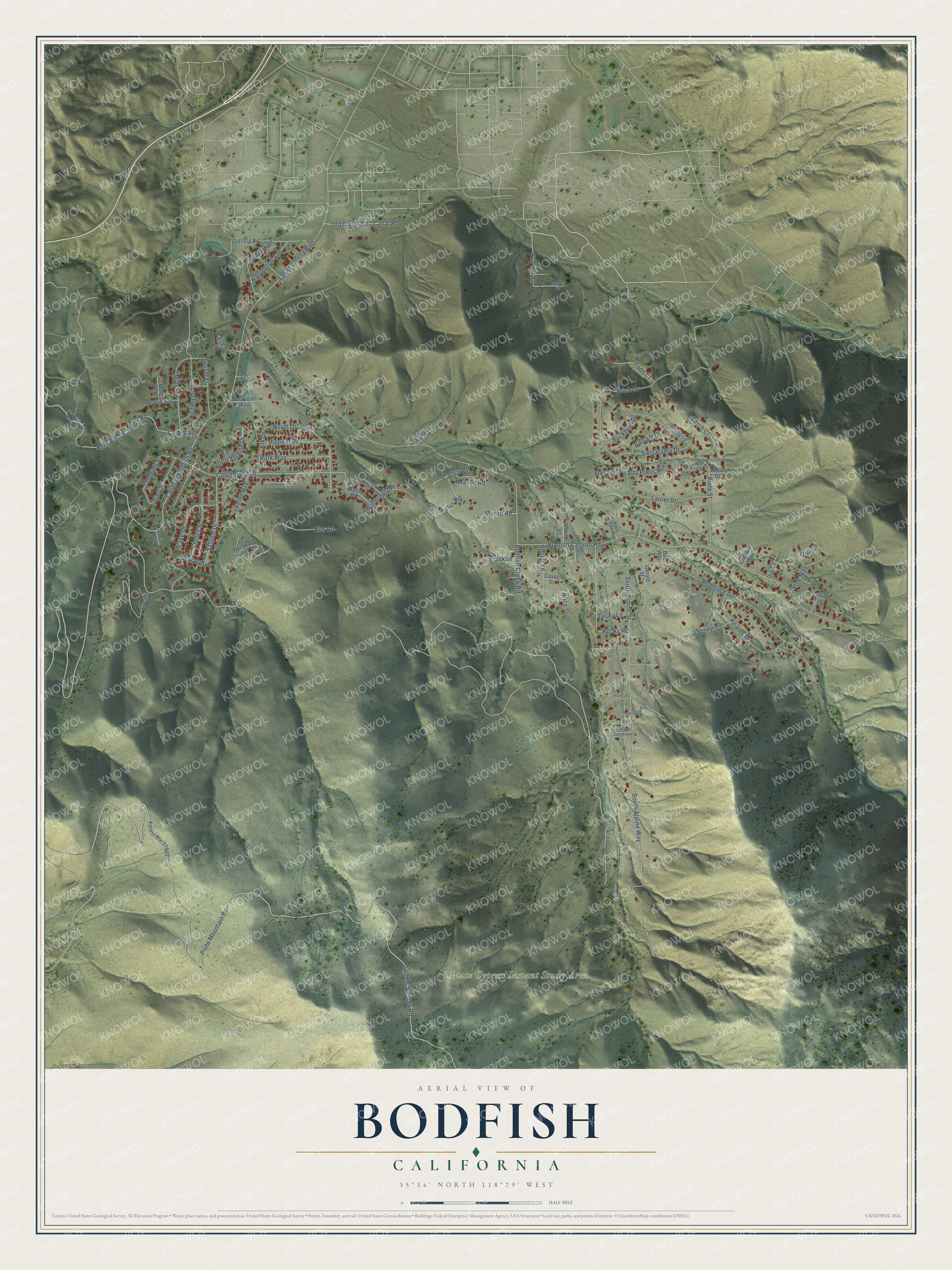 Full map of Bodfish, California, with red buildings, printed street names and the land around them