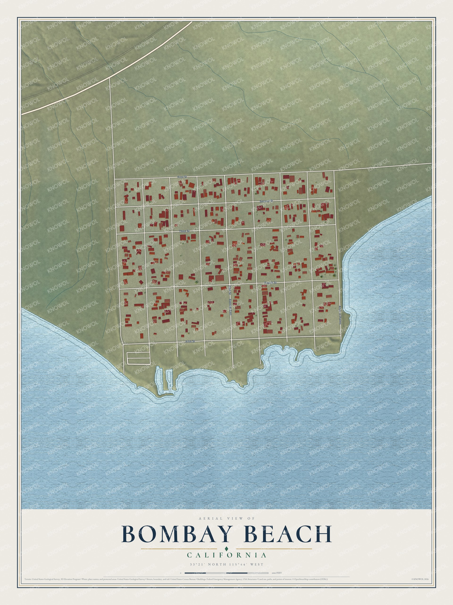 Full map of Bombay Beach, California, with red buildings, printed street names and the land around them