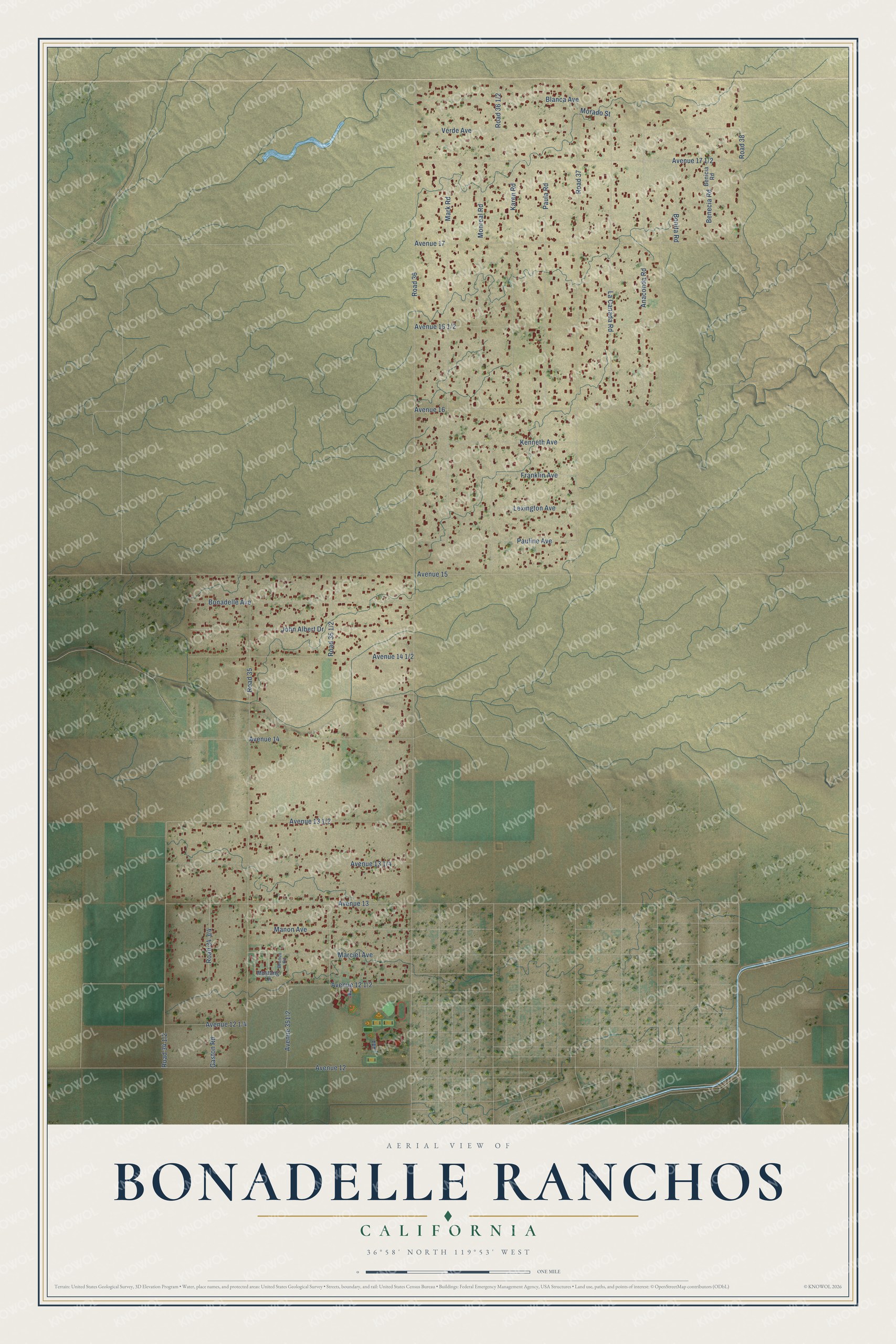 Full map of Bonadelle Ranchos, California, with red buildings, printed street names and the land around them