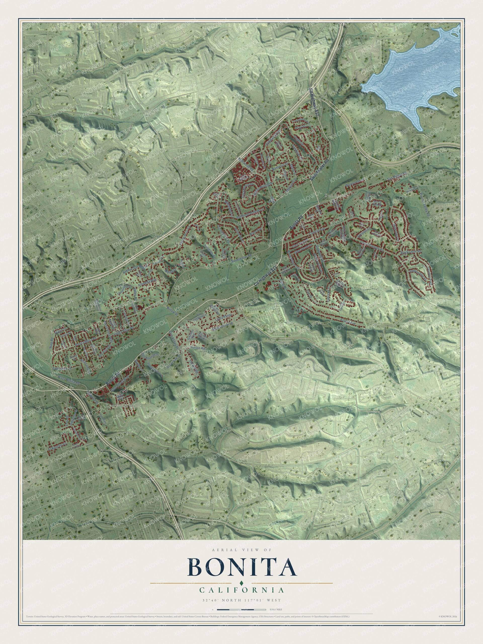 Full map of Bonita, California, with red buildings, printed street names and the land around them