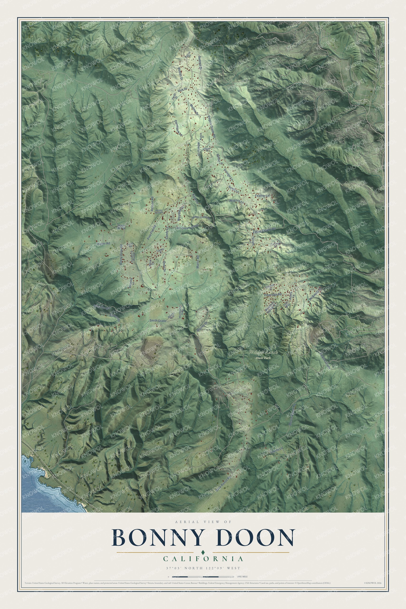 Full map of Bonny Doon, California, with red buildings, printed street names and the land around them