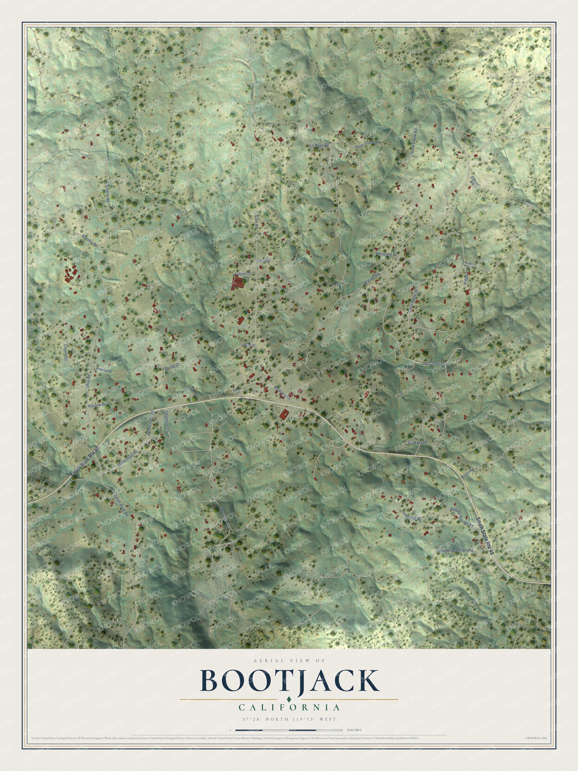 Full map of Bootjack, California, with red buildings, printed street names and the land around them