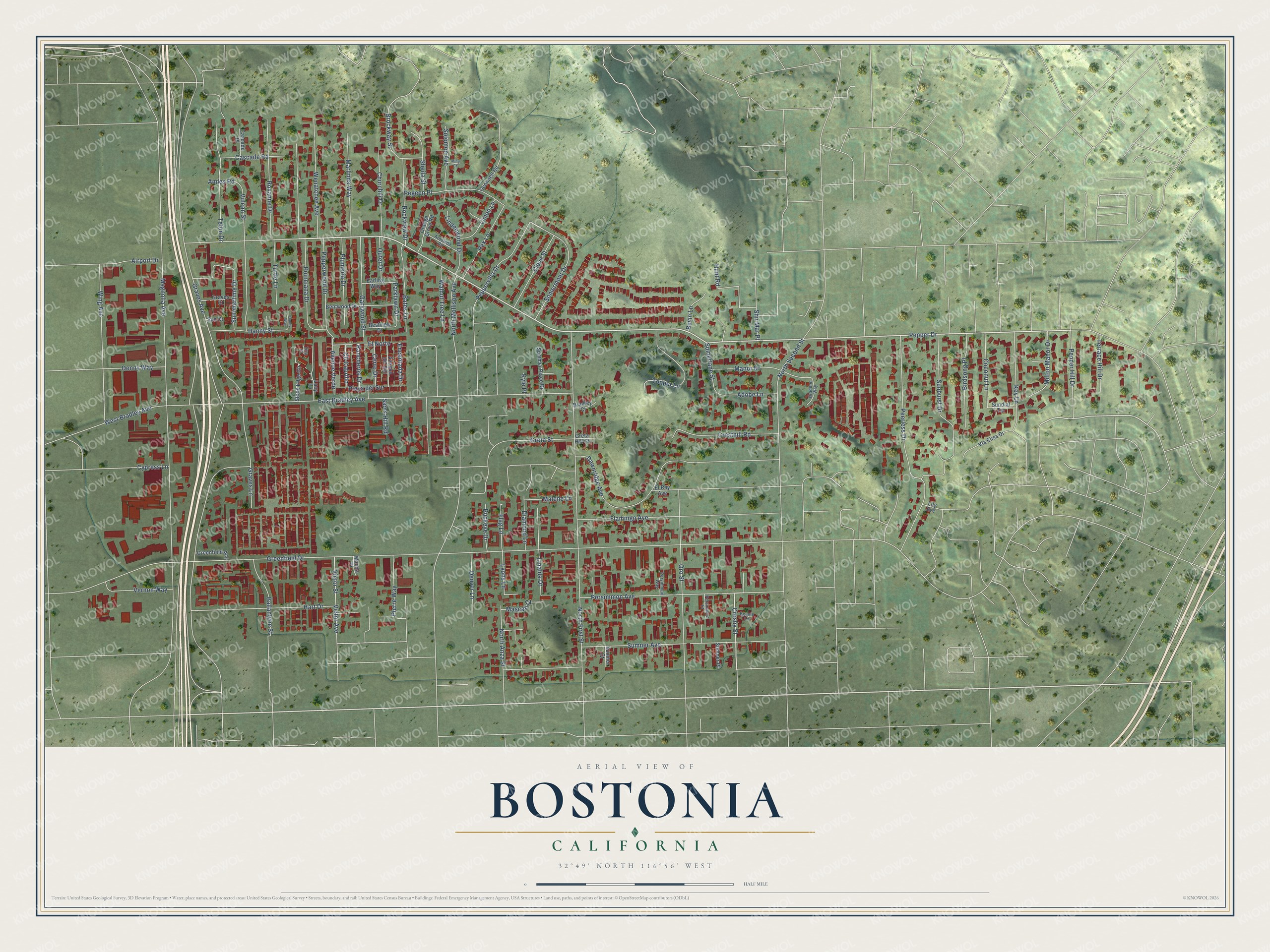 Full map of Bostonia, California, with red buildings, printed street names and the land around them