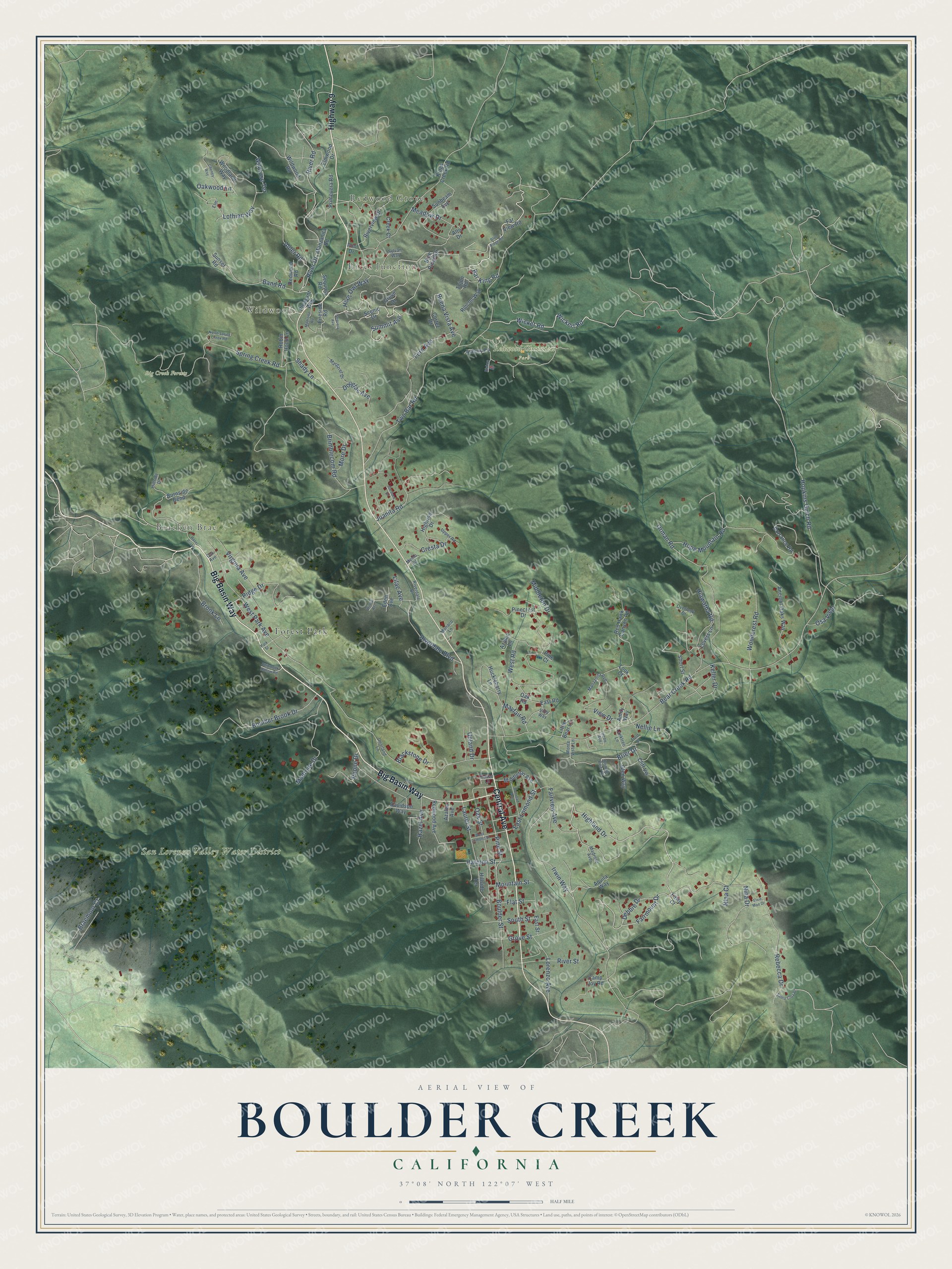 Full map of Boulder Creek, California, with red buildings, printed street names and the land around them