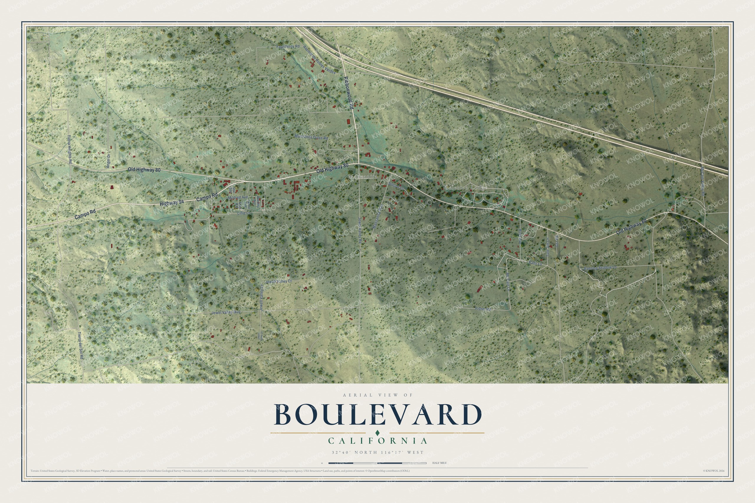 Full map of Boulevard, California, with red buildings, printed street names and the land around them