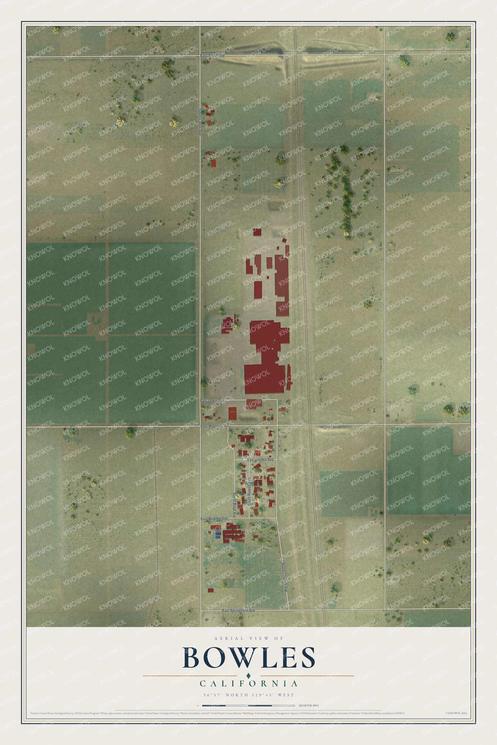 Full map of Bowles, California, with red buildings, printed street names and the land around them