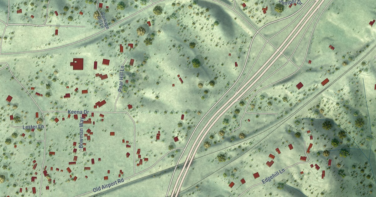Close-up of streets and buildings in Bowman, California