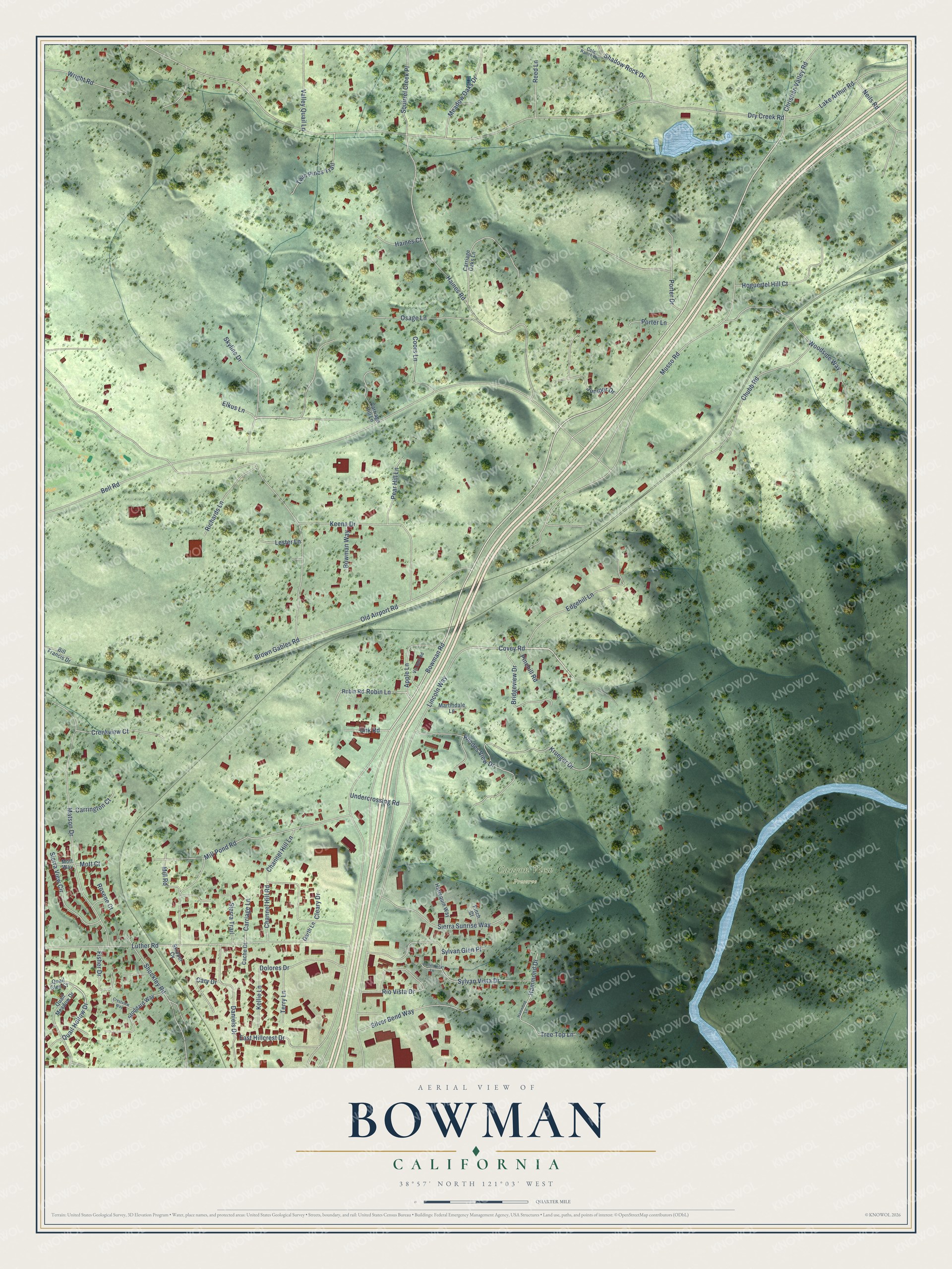 Full map of Bowman, California, with red buildings, printed street names and the land around them