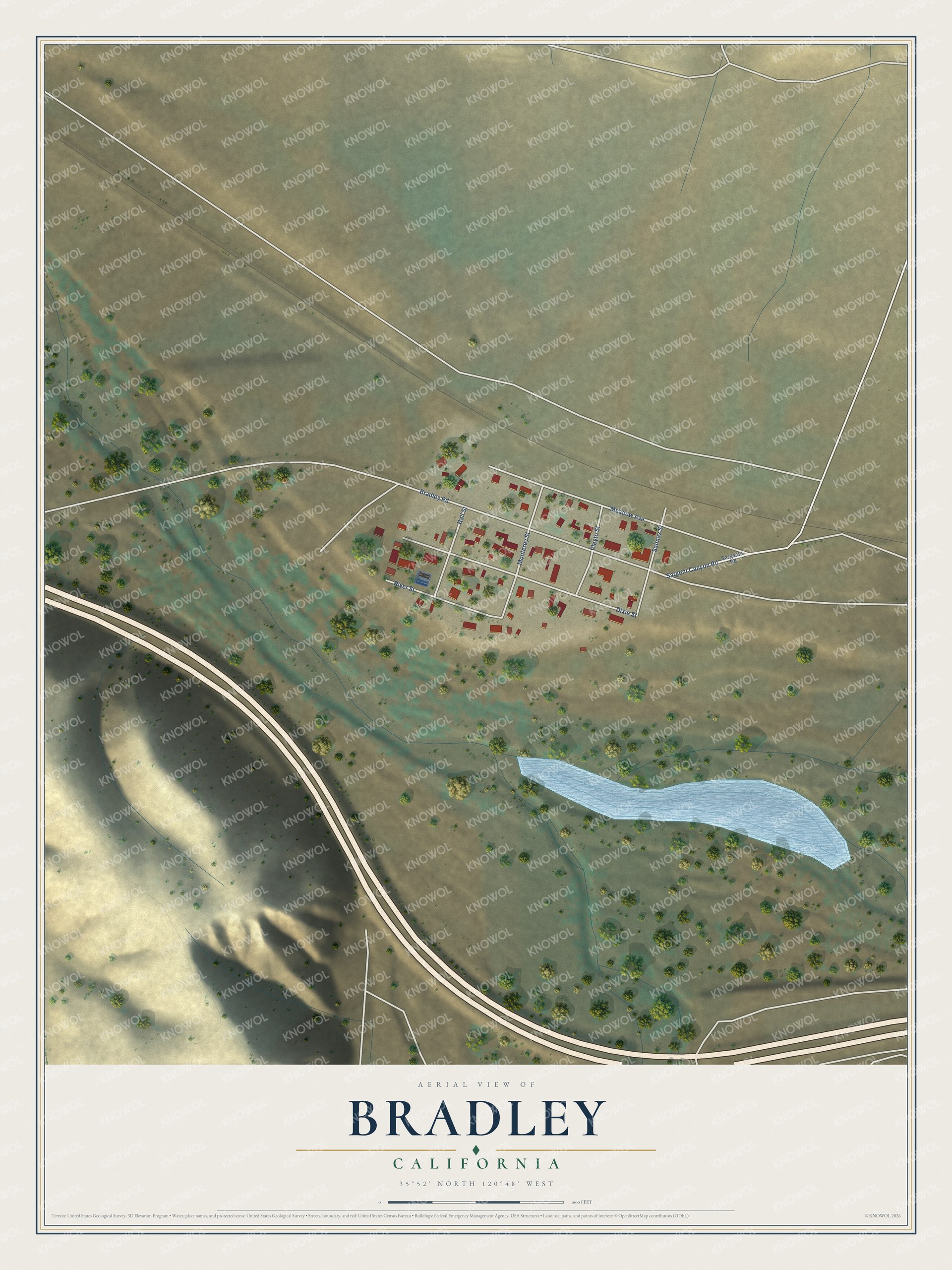 Full map of Bradley, California, with red buildings, printed street names and the land around them