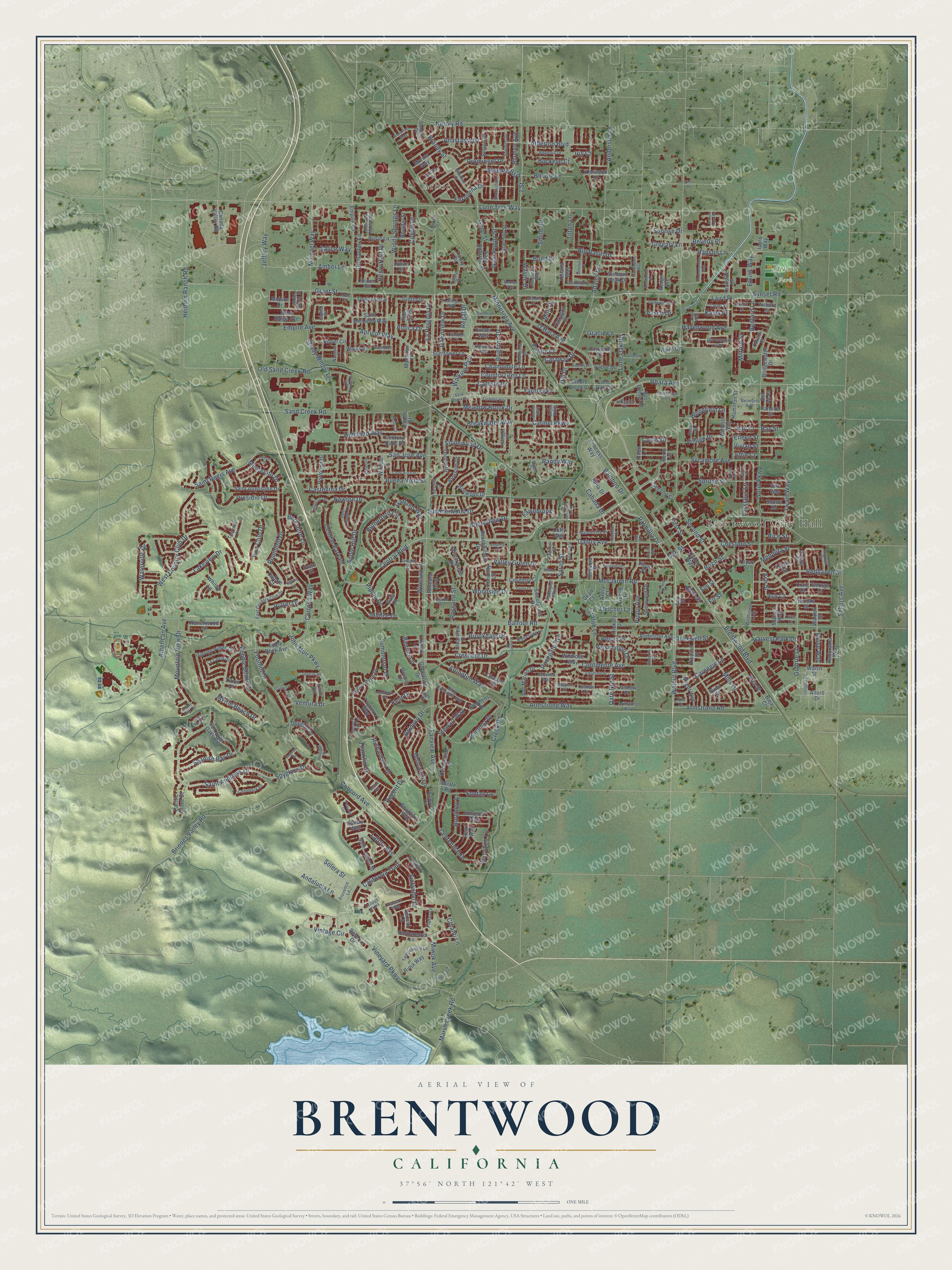 Full map of Brentwood, California, with red buildings, printed street names and the land around them