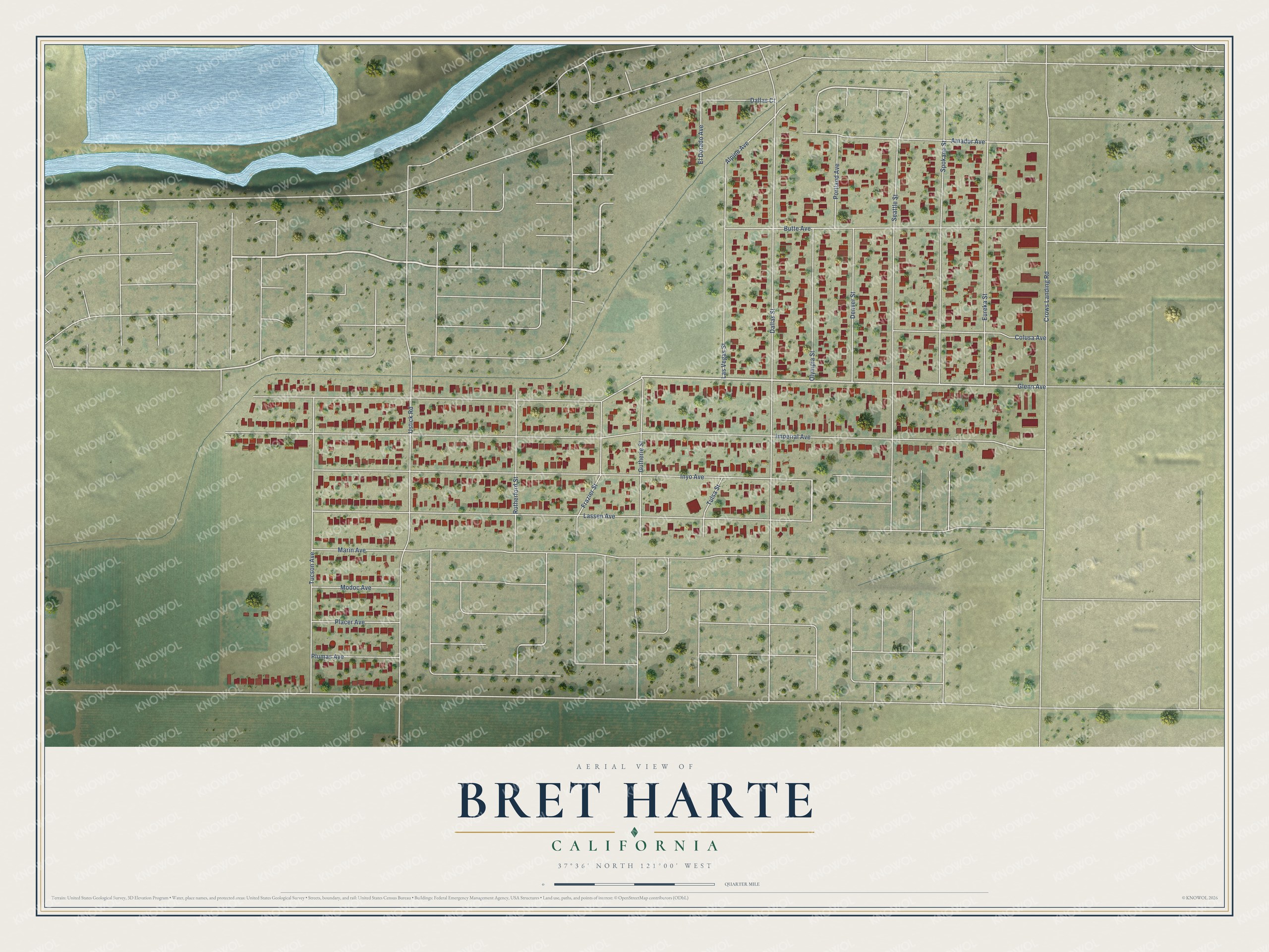 Full map of Bret Harte, California, with red buildings, printed street names and the land around them