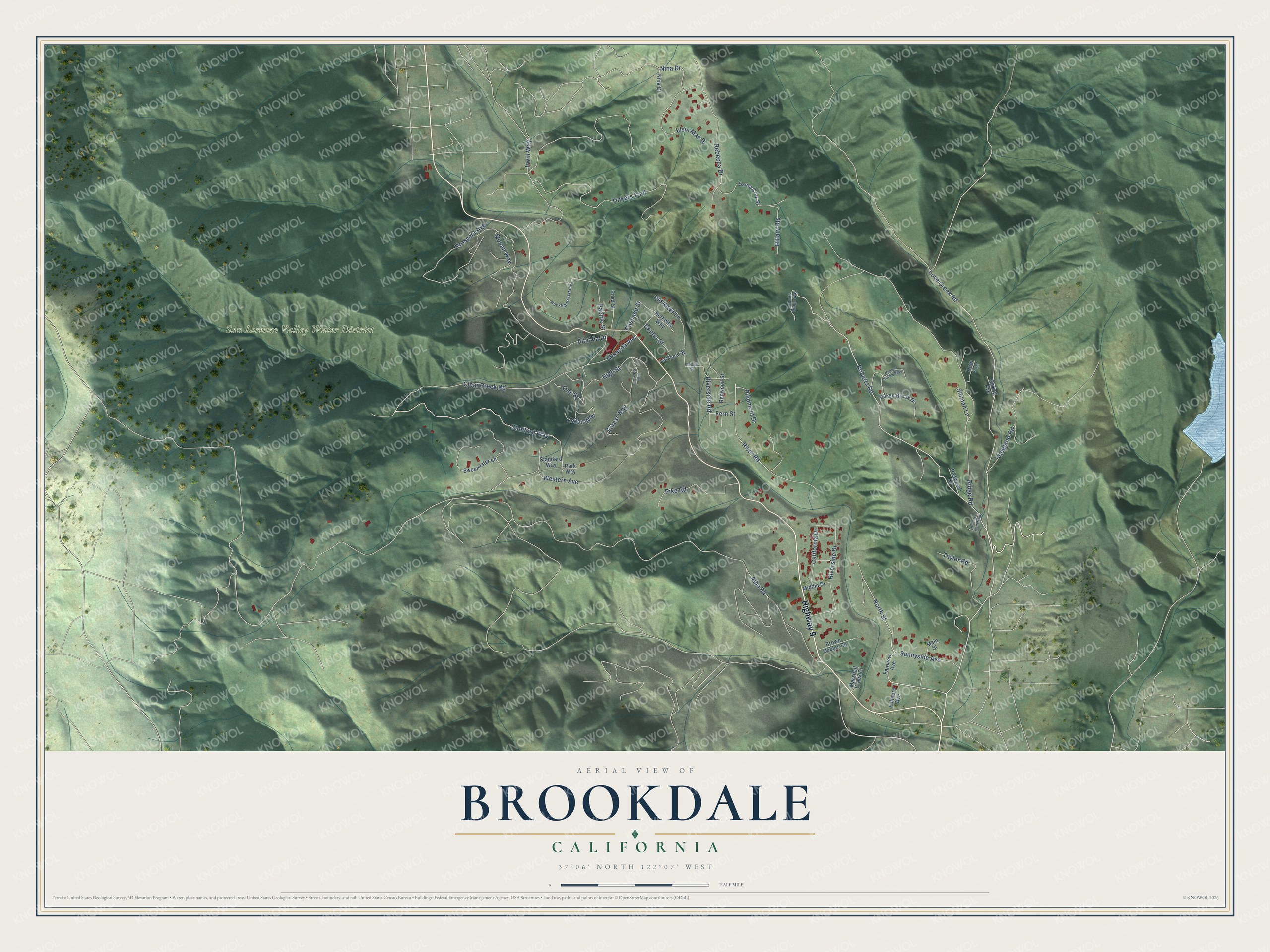 Full map of Brookdale, California, with red buildings, printed street names and the land around them