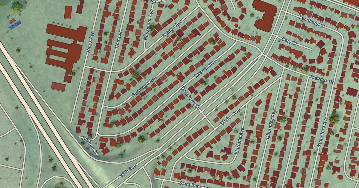 Close-up of streets and buildings in Brookfield Village, California