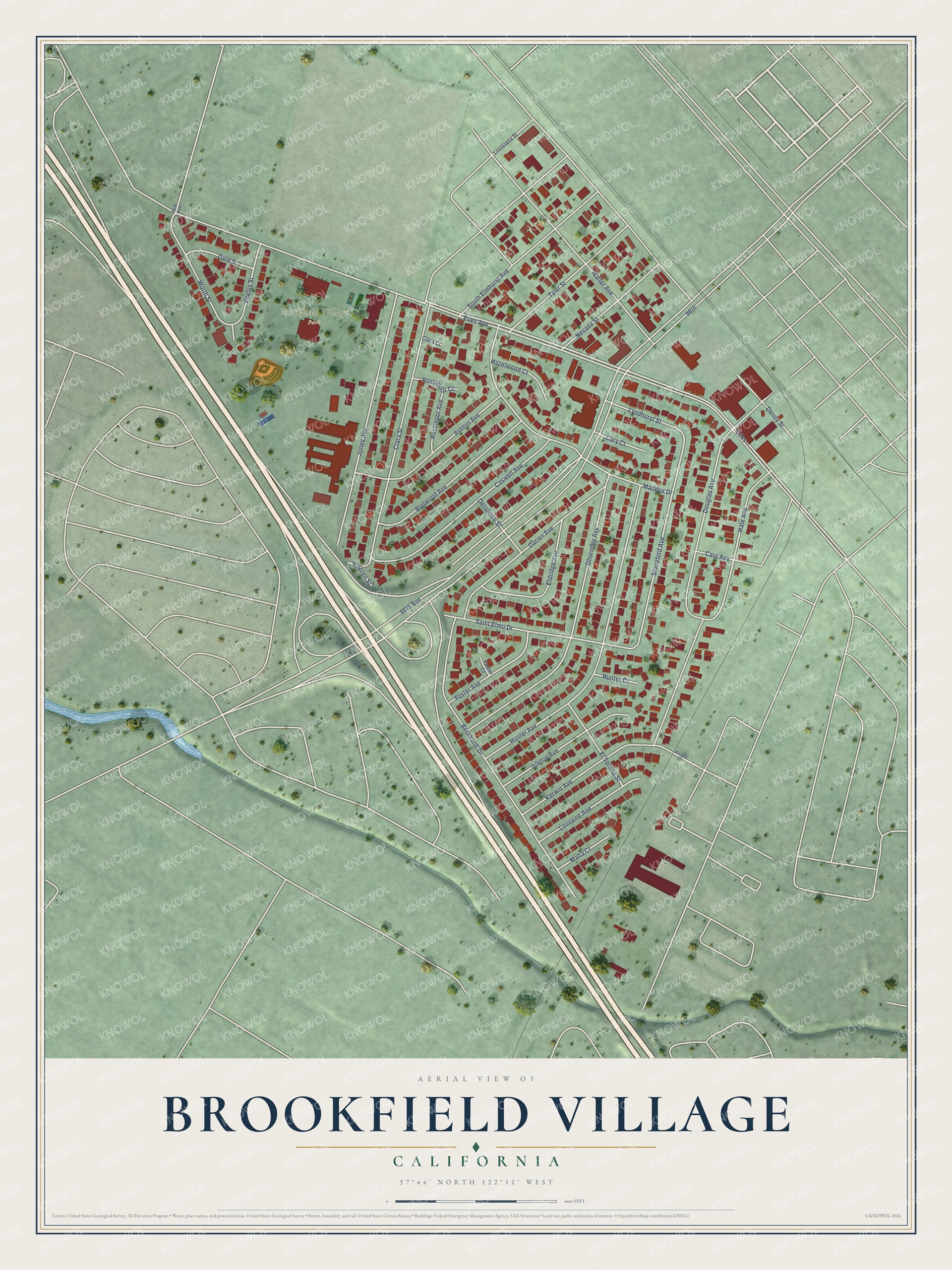 Full map of Brookfield Village, California, with red buildings, printed street names and the land around them