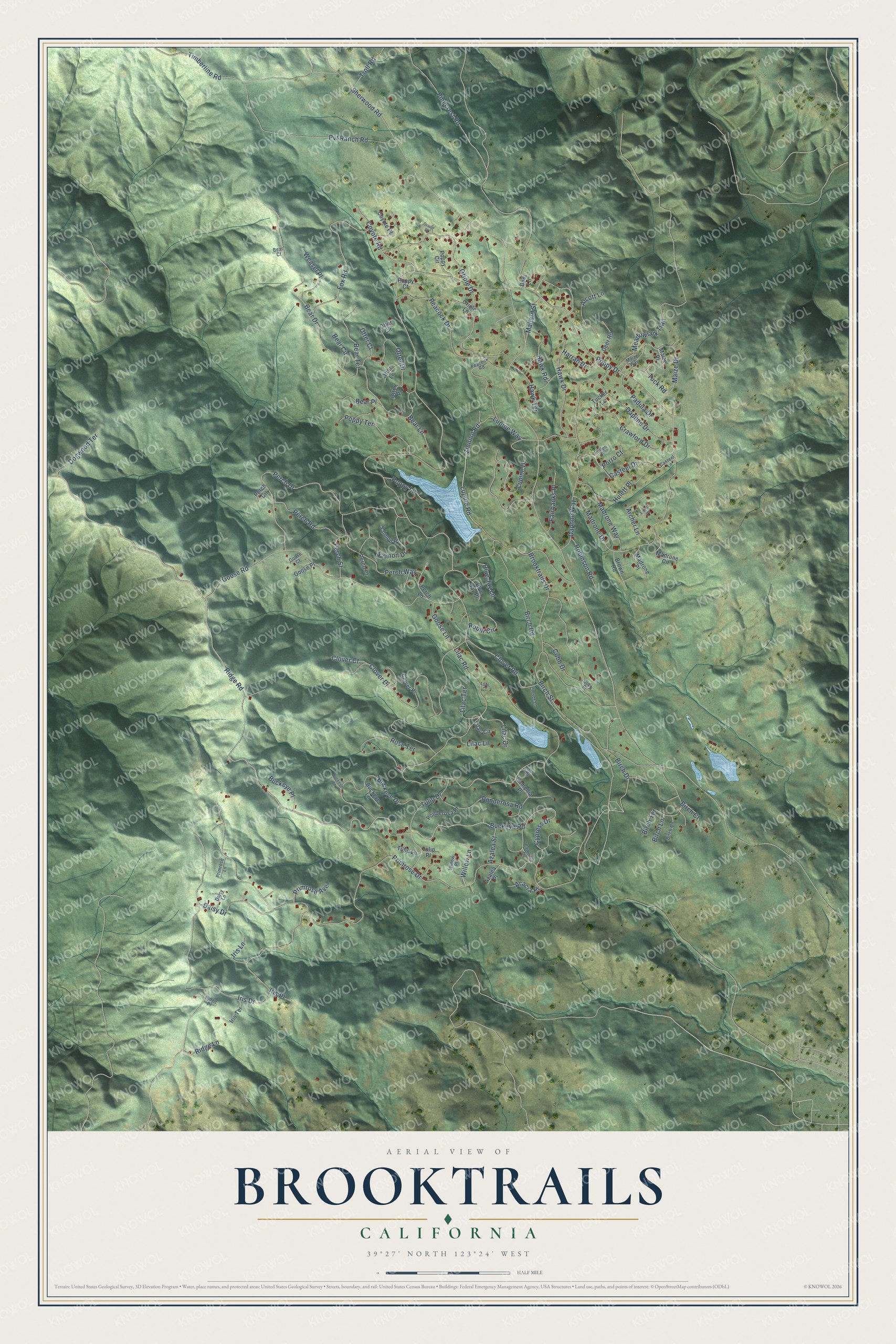 Full map of Brooktrails, California, with red buildings, printed street names and the land around them