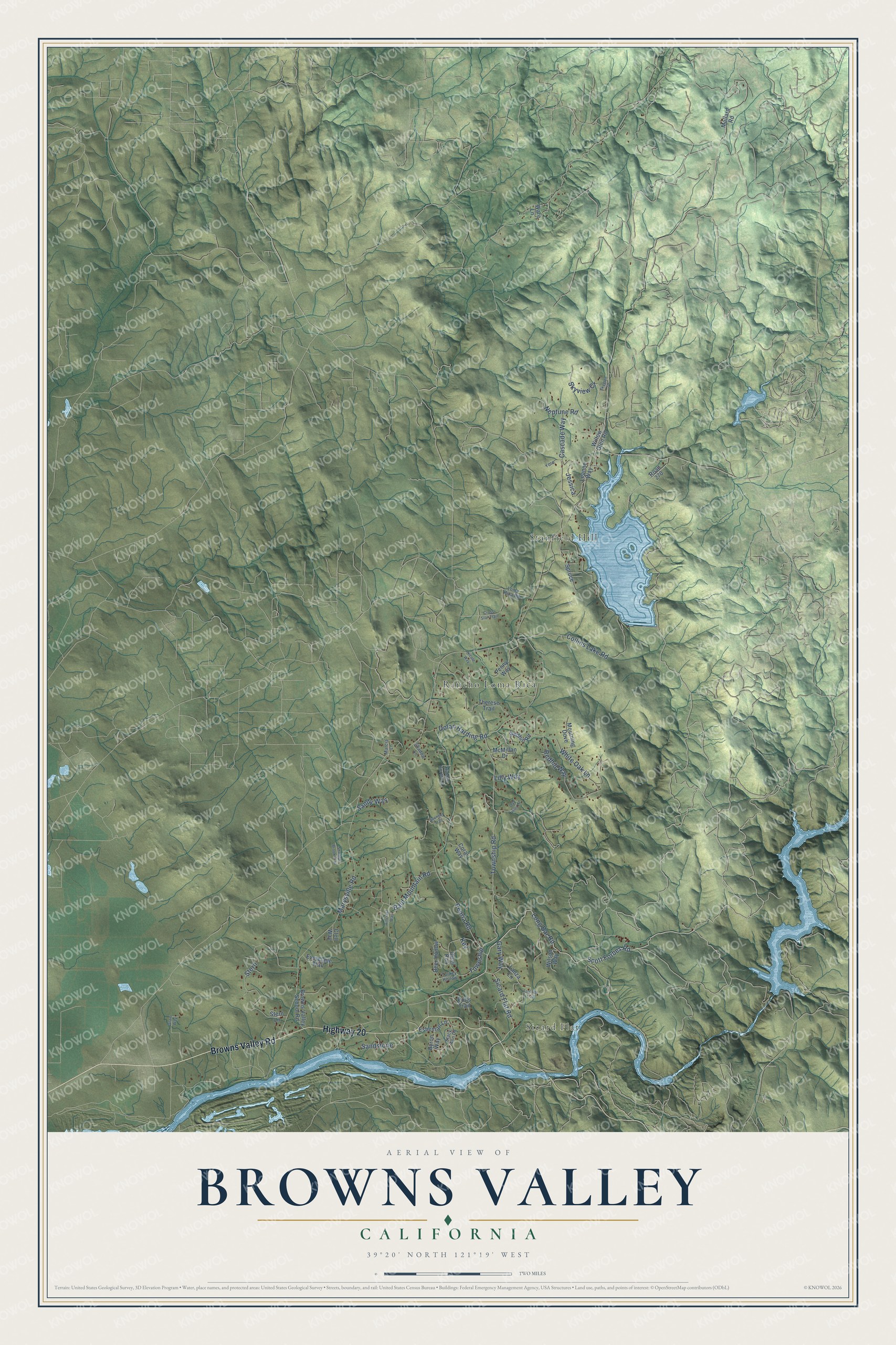 Full map of Browns Valley, California, with red buildings, printed street names and the land around them