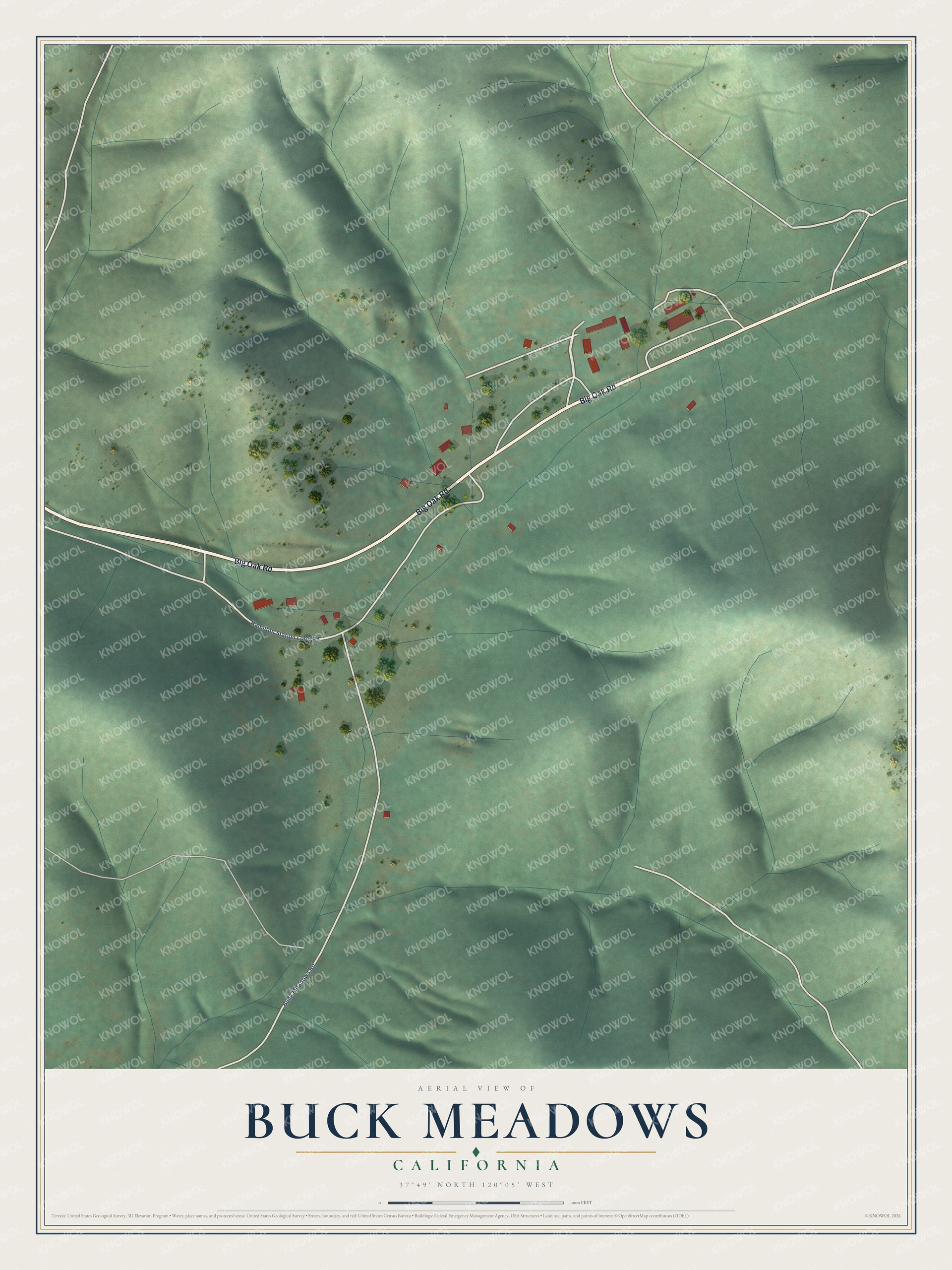 Full map of Buck Meadows, California, with red buildings, printed street names and the land around them