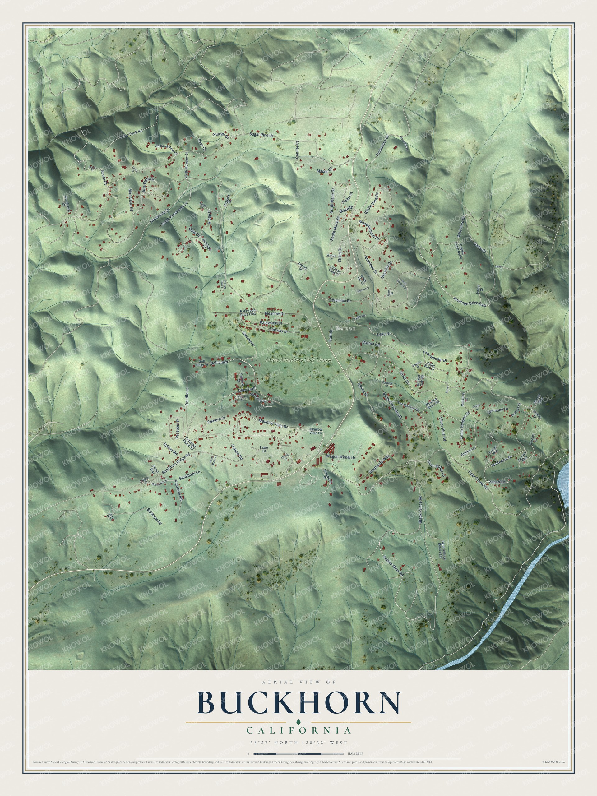 Full map of Buckhorn, California, with red buildings, printed street names and the land around them