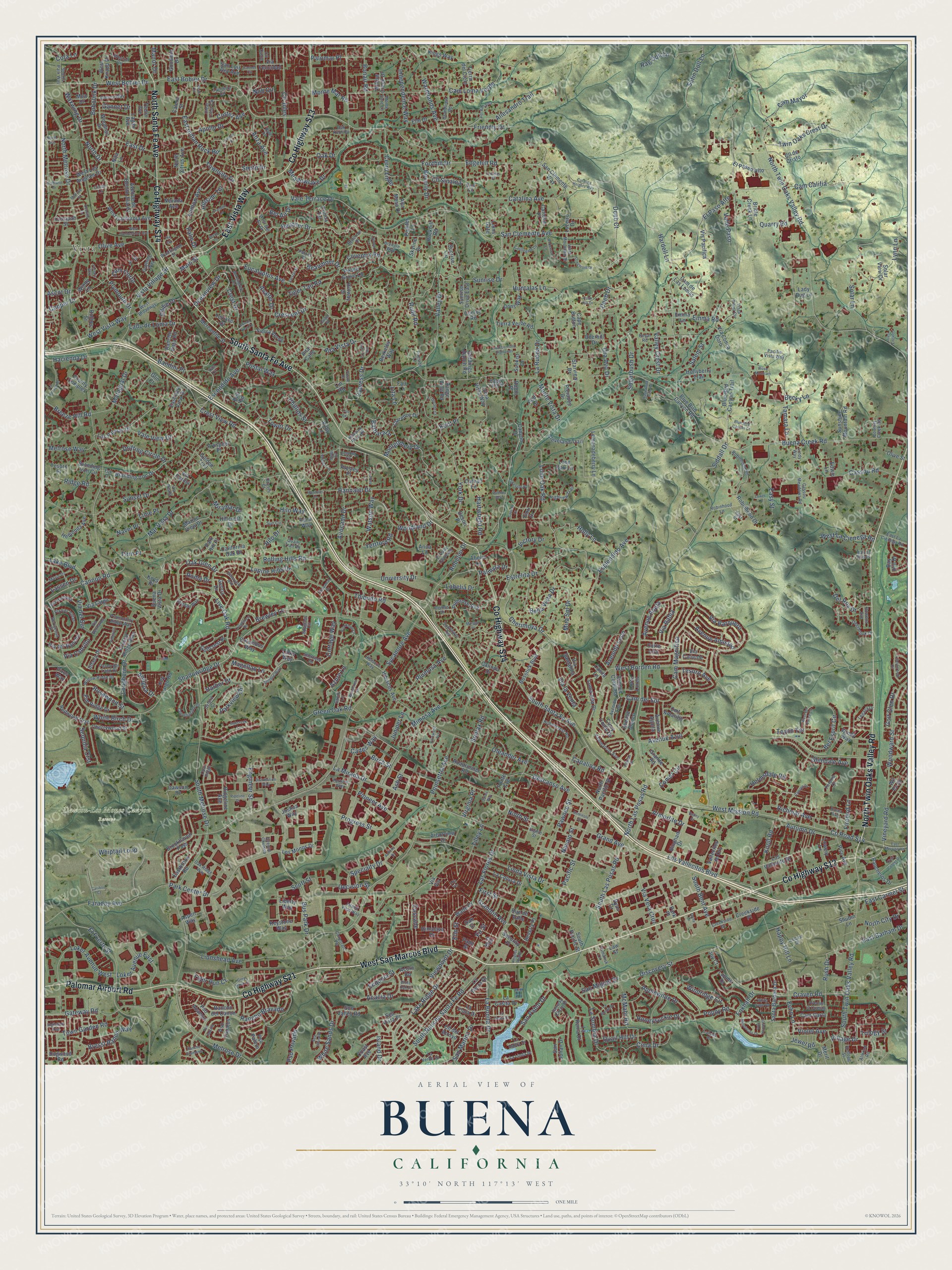 Full map of Buena, California, with red buildings, printed street names and the land around them