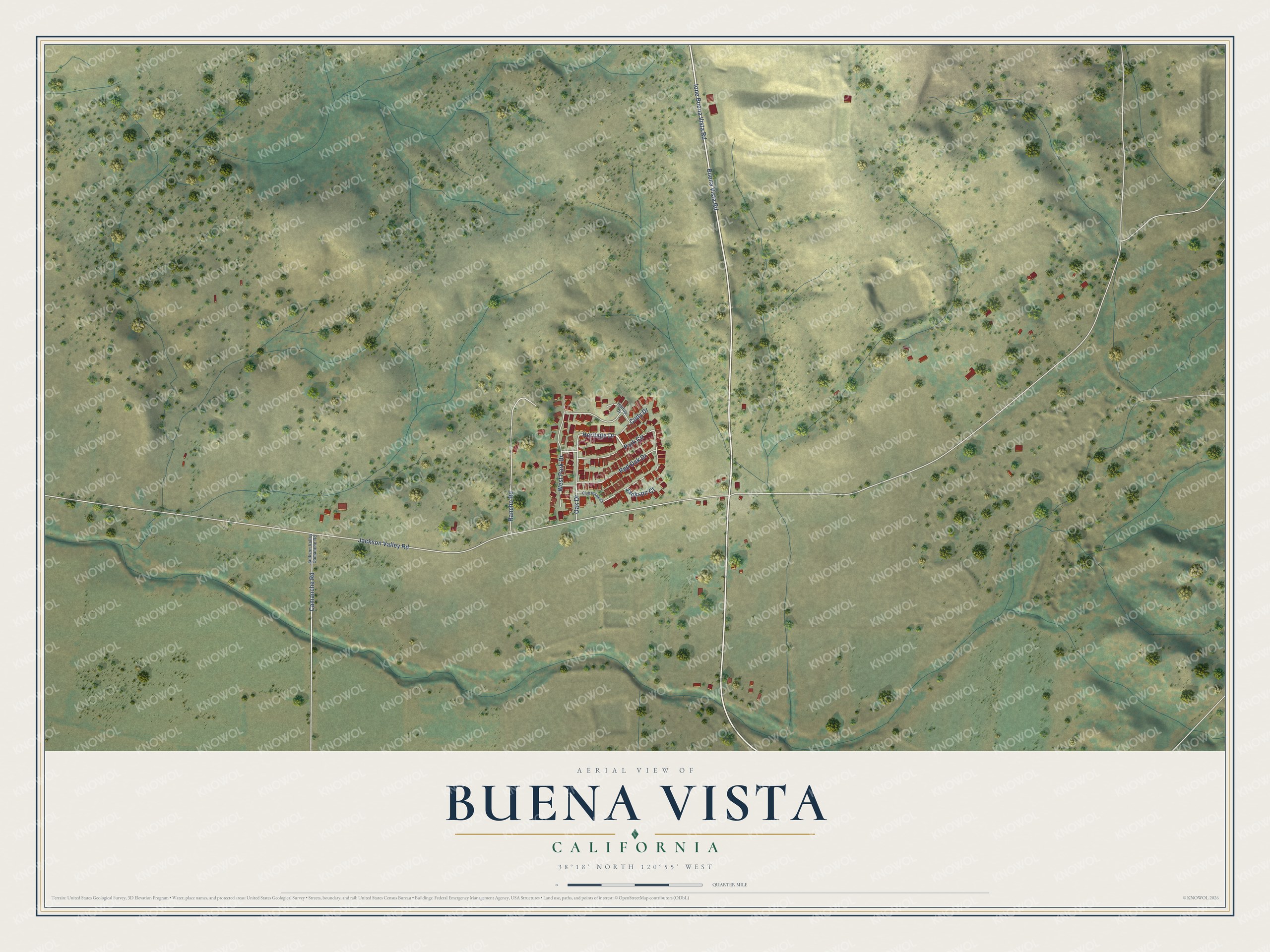 Full map of Buena Vista, California, with red buildings, printed street names and the land around them